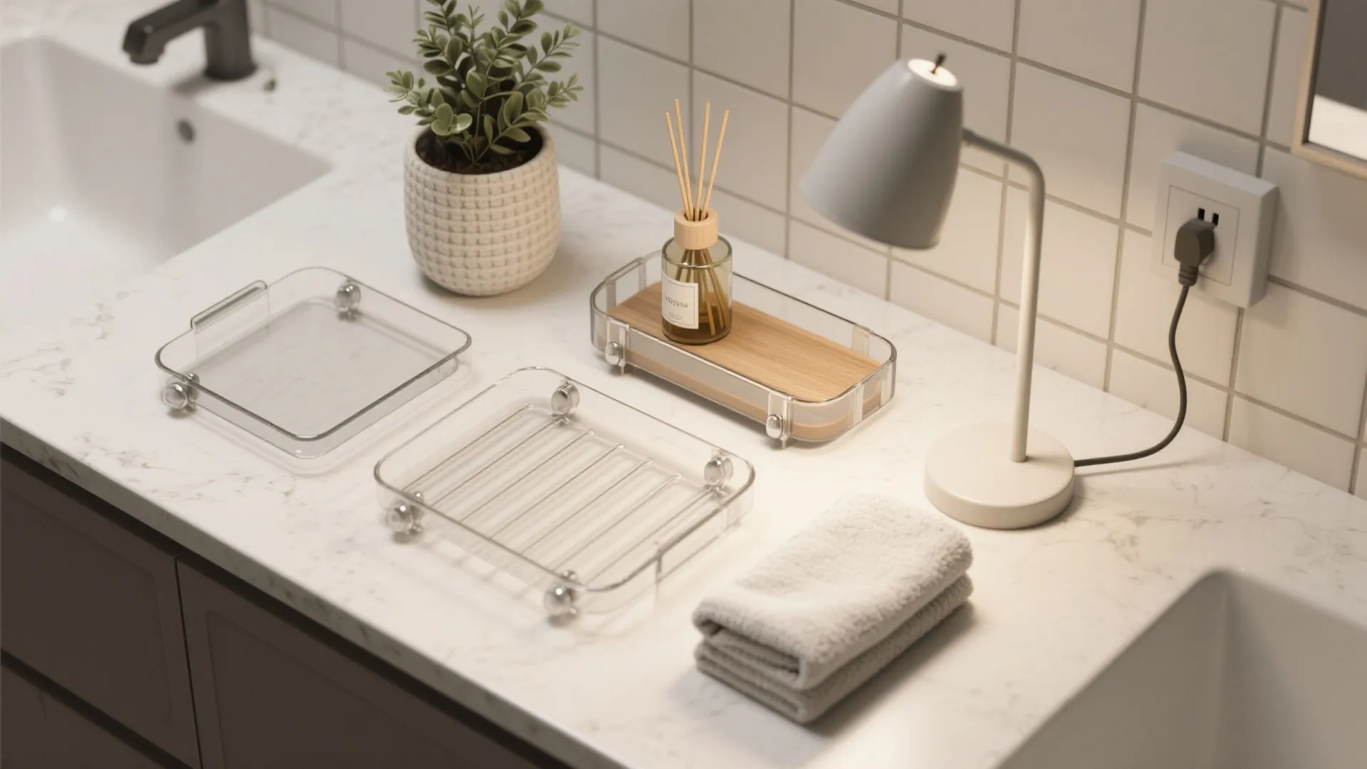 Bathroom counter with glass trays desk lamp small plant towel and reed diffuser on wood