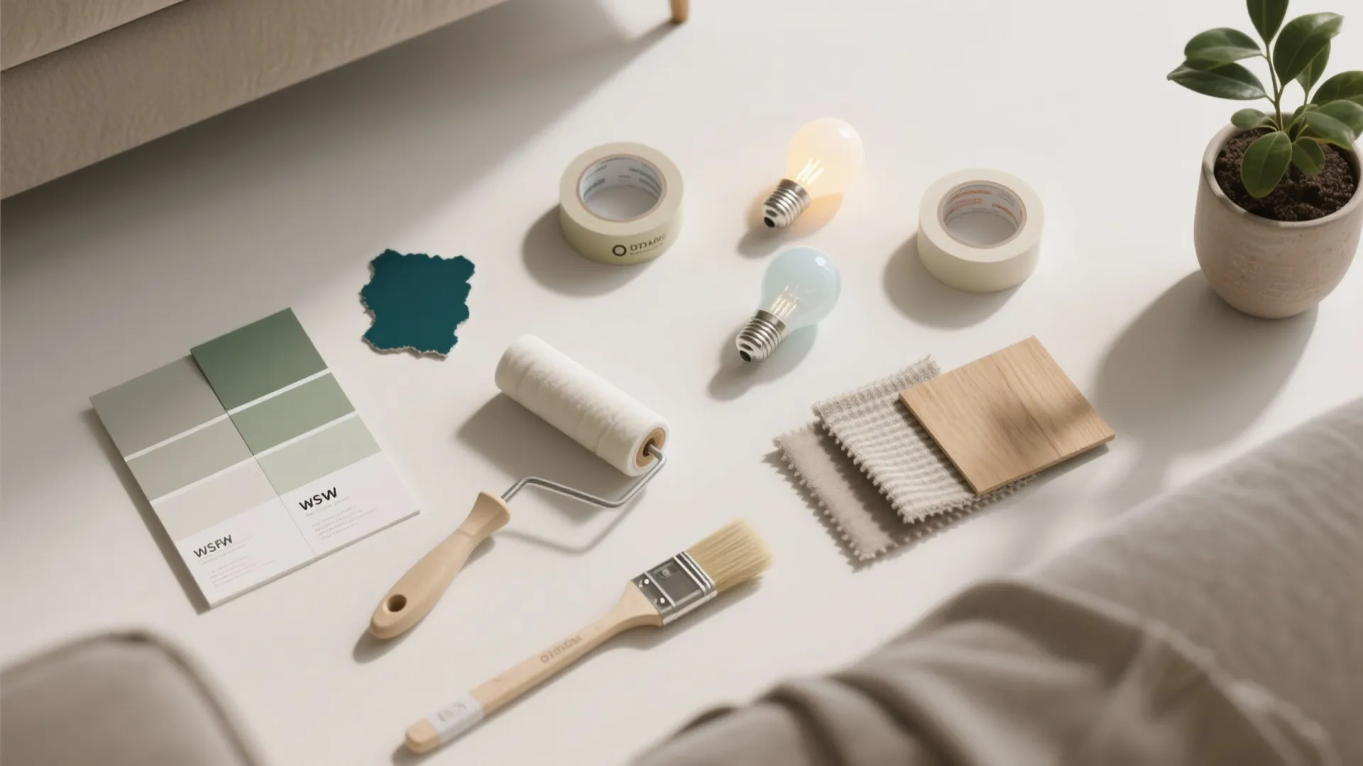 Home renovation flat lay with paint rollers brushes color swatches wood samples tape and light bulbs