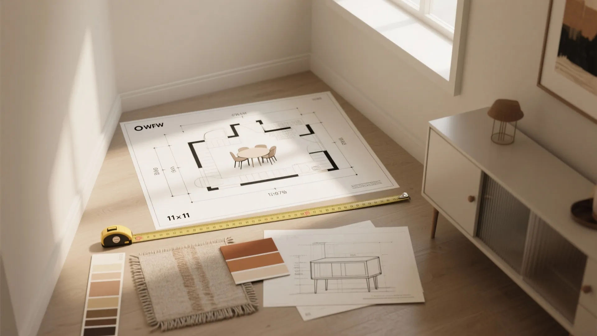 Interior design drawing on floor with yellow measuring tape color swatches cabinet and natural sunlight