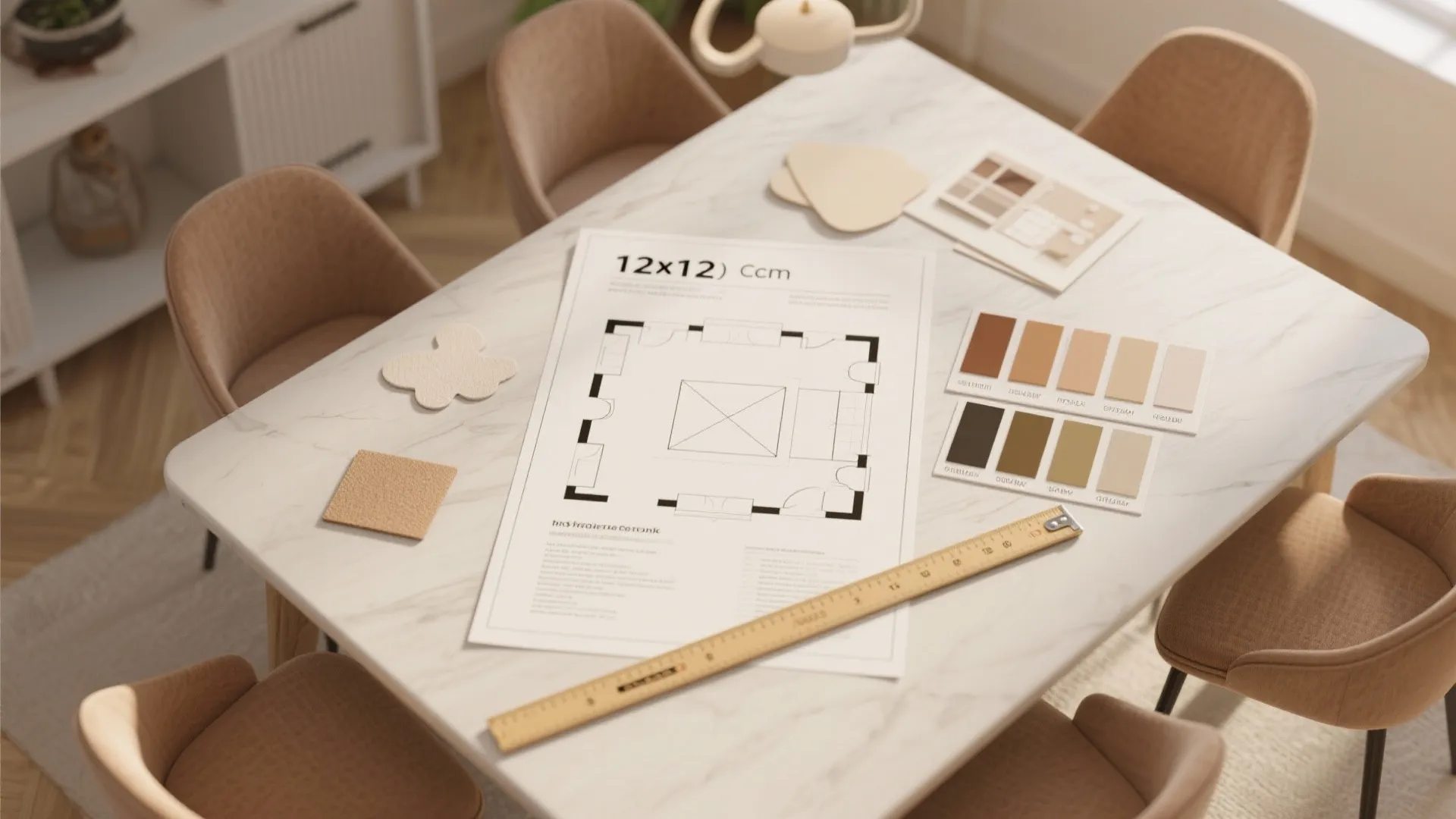 Marble table with room layout drawing color swatches and a ruler for interior design planning