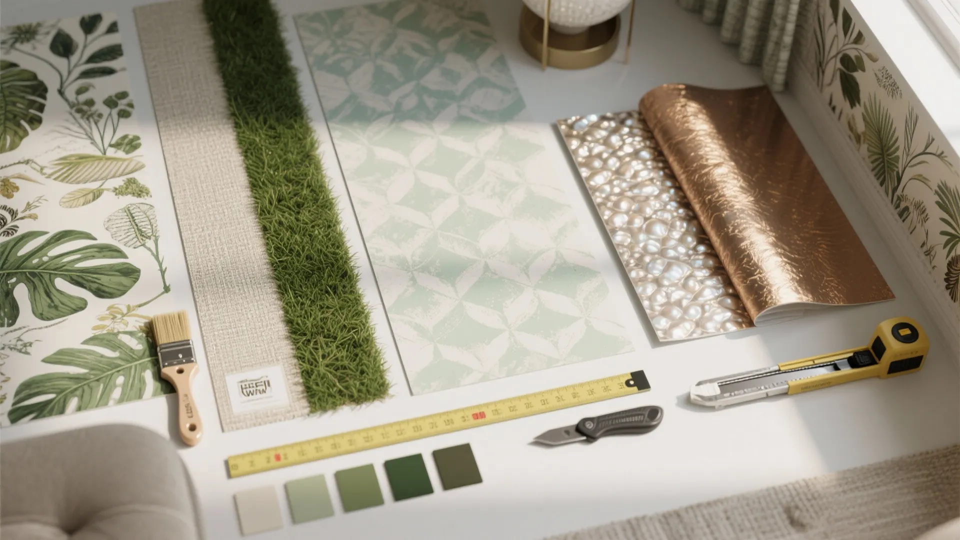 Interior design mood board with wallpaper samples color swatches ruler brush and small craft knife