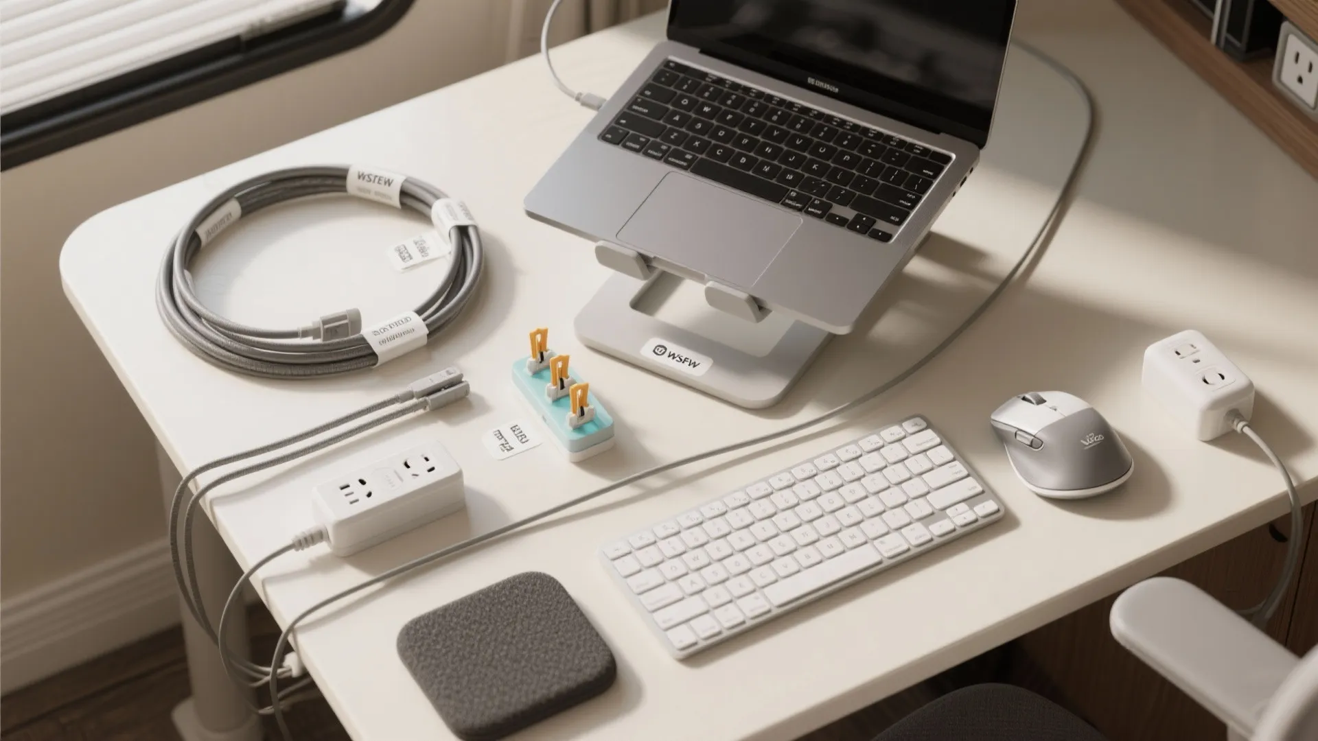Top view of white desk with laptop on stand plus keyboard mouse and power cables