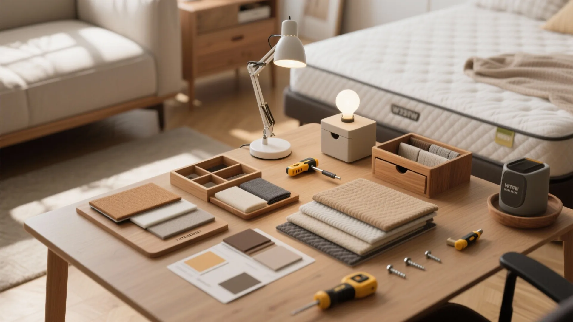Flatlay of mattress swatches, lamp, organizers and wall anchors illustrating FAQ items for a sofa-bed office setup.