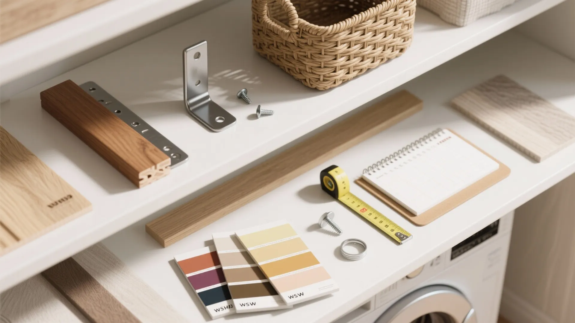 Interior design materials including wood samples color swatches measuring tape notebook and metal bracket on shelf