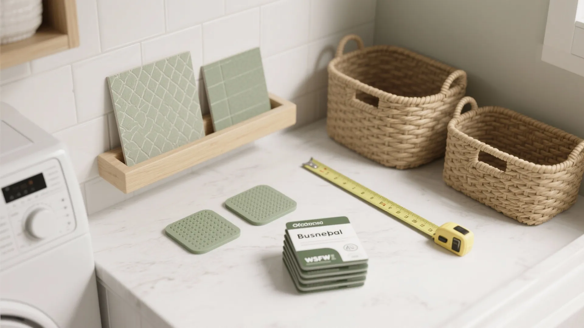 Laundry room counter displaying green tiles measuring tape woven baskets and white washing machine corner