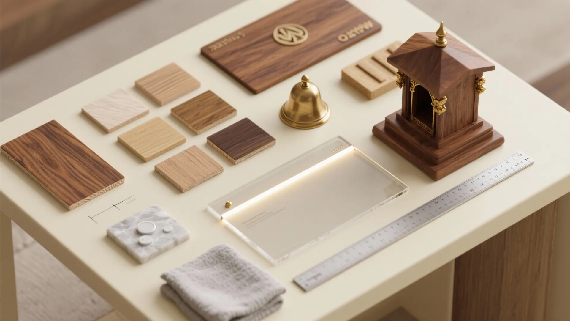 Interior design materials including wood samples brass bell ruler and small model house on table