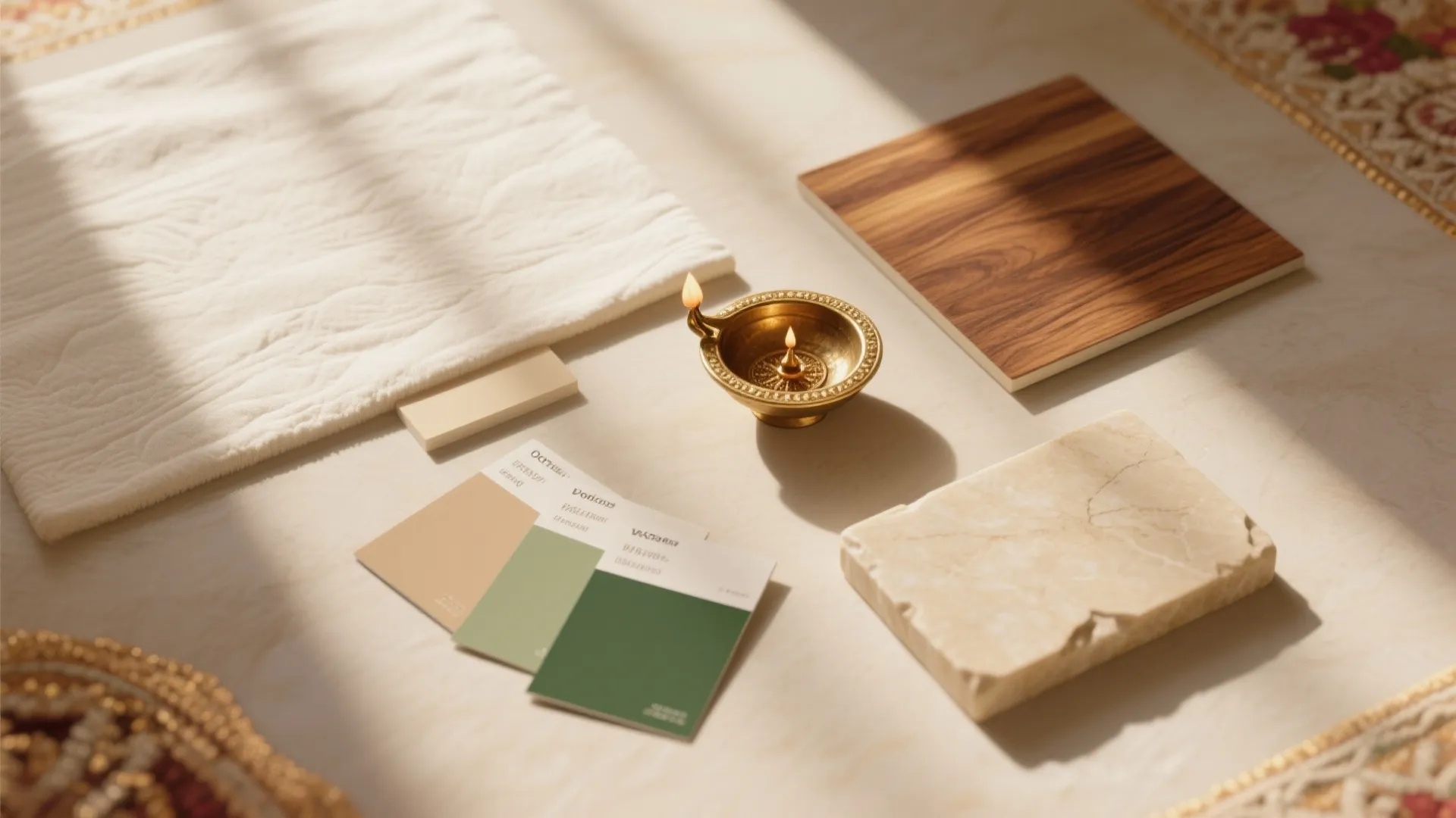 Material board displaying white fabric, wood panel, marble stone, green color swatches, and brass lamp
