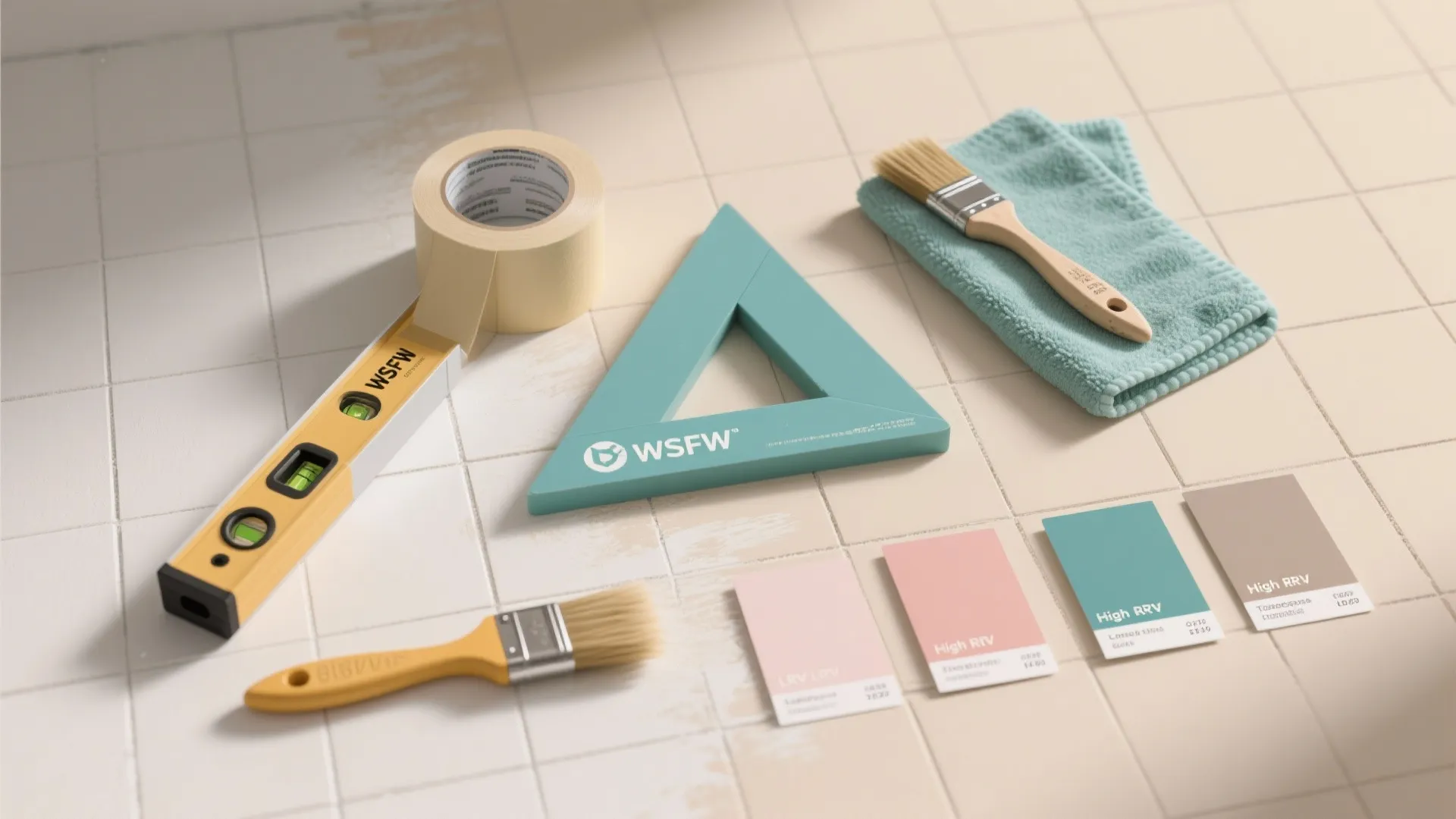 Flat lay of home improvement tools including paint brushes, tape, level, towel, and color cards