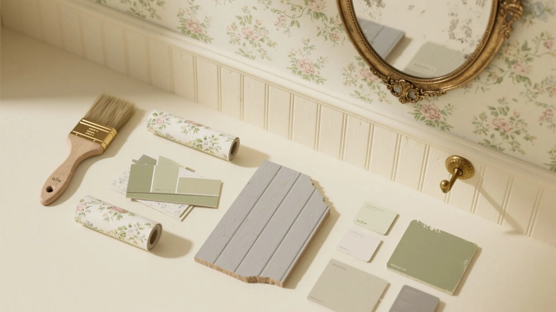 Top-down flat lay showing limewash brush, wallpaper rolls, beadboard, antique mirror, and picture rail for small-space planning.