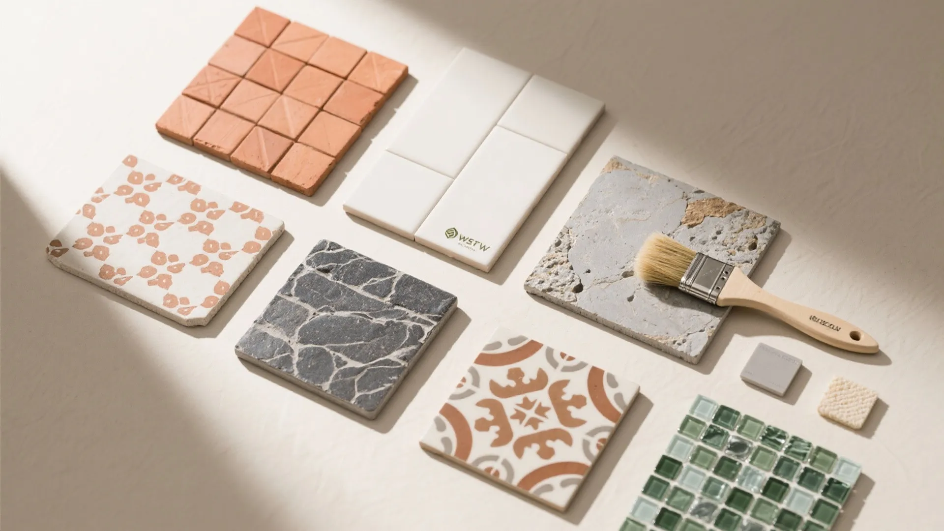 Various interior design material samples including marble tiles green mosaics and a wooden paint brush