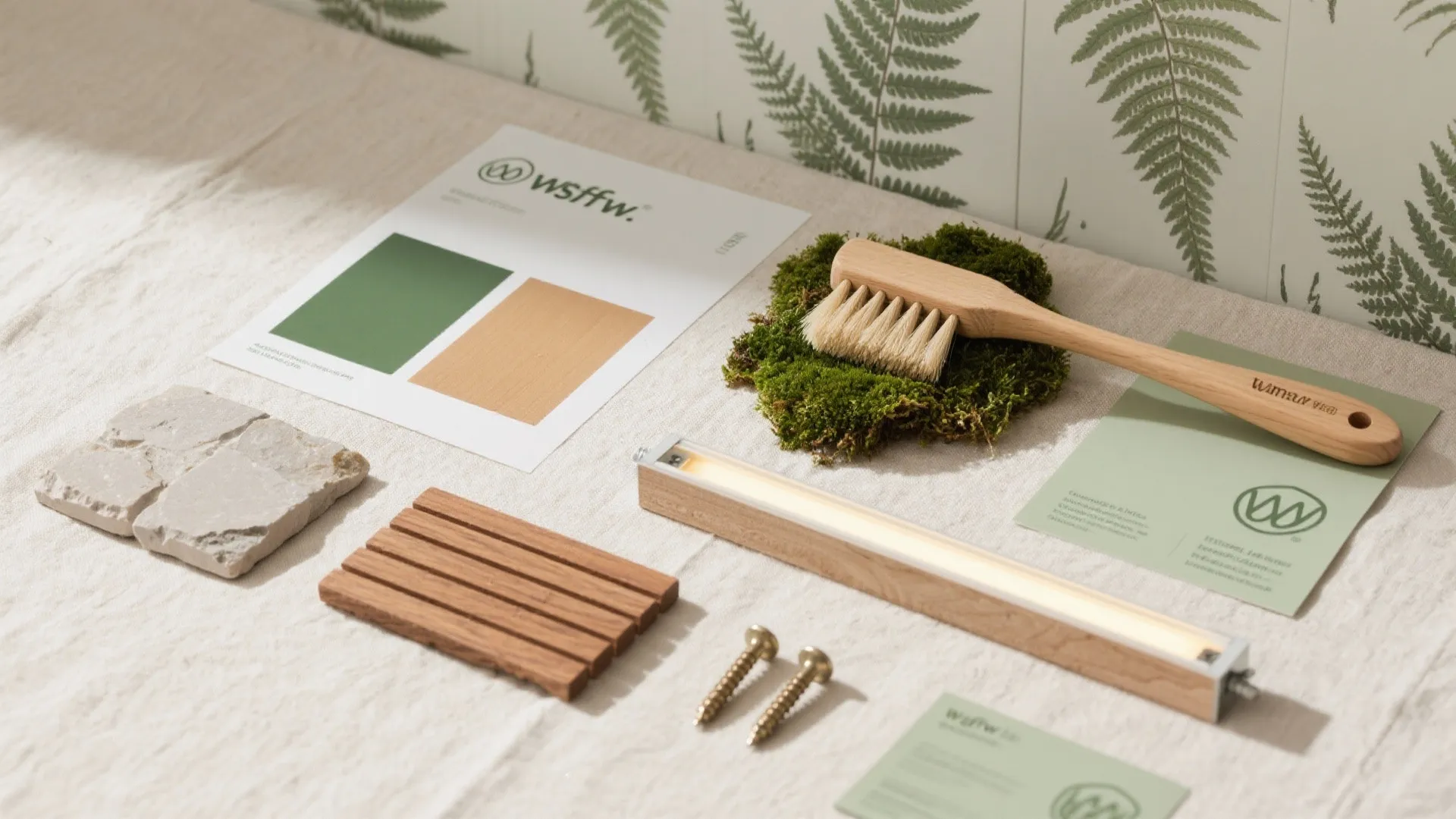 Interior design materials layout featuring color samples wood stone screws and a small light fixture