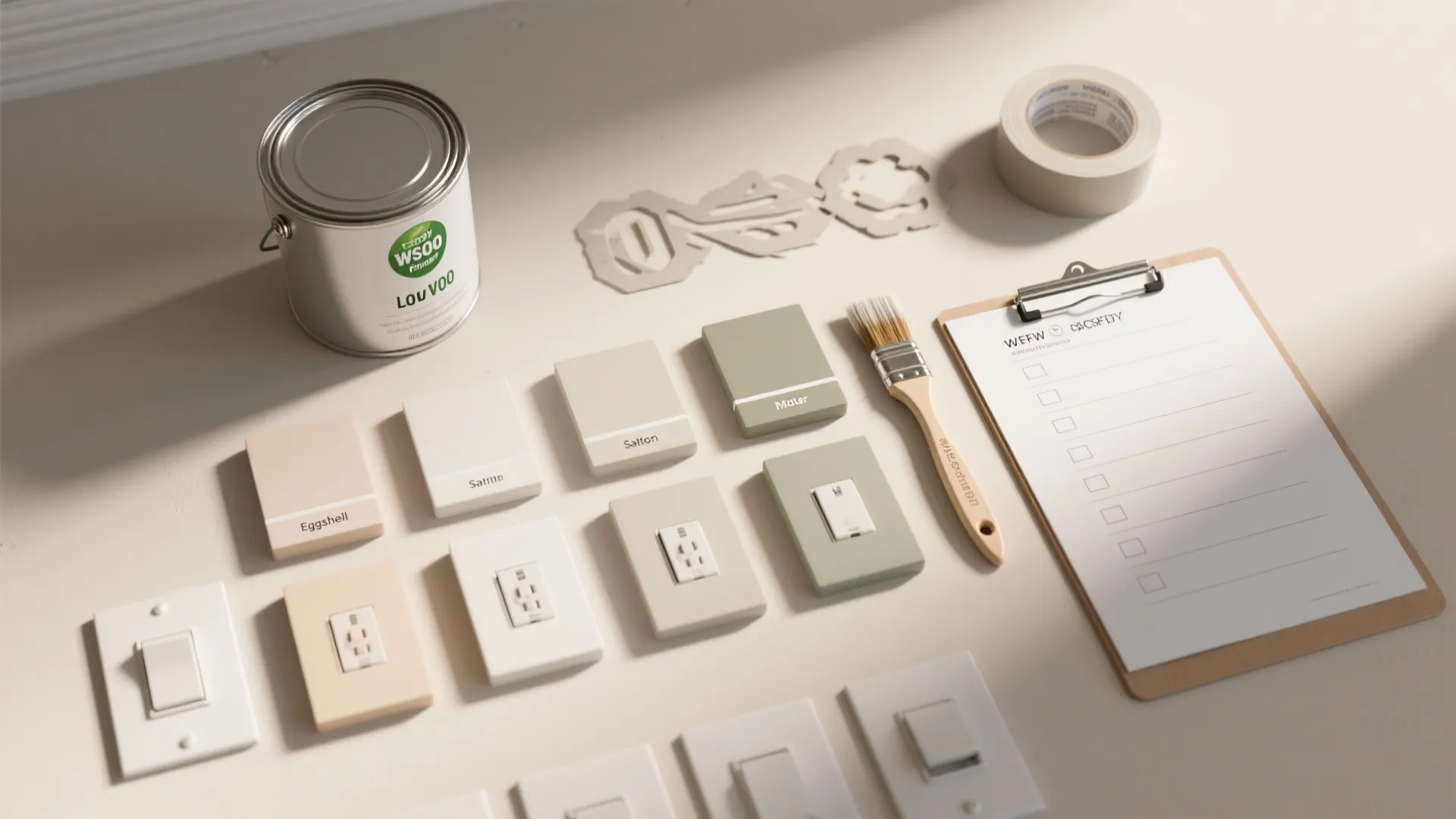 Home renovation tools with paint can wall switches color samples paintbrush tape and a clipboard
