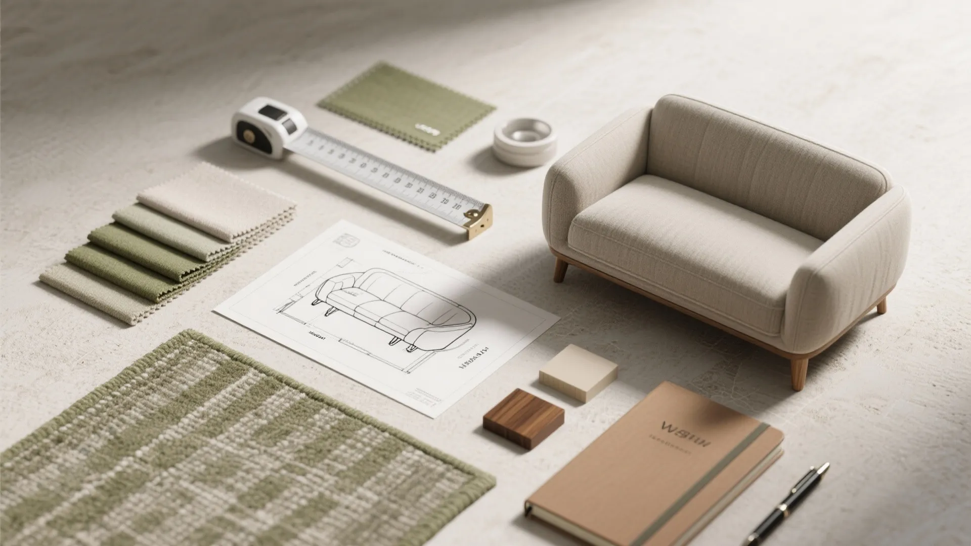 Interior design drawing with a small sofa fabric samples measuring tape and notebook on floor