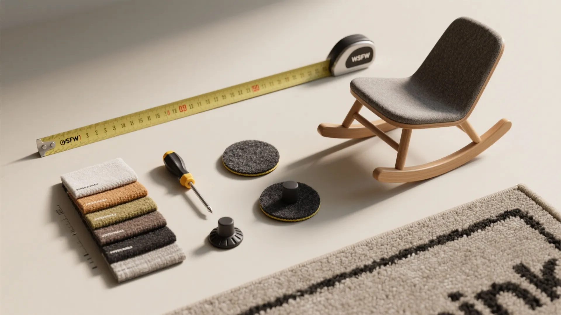Flatlay of measuring tape, fabric swatches, felt pads and tools illustrating sizing and maintenance tips for small rockers.