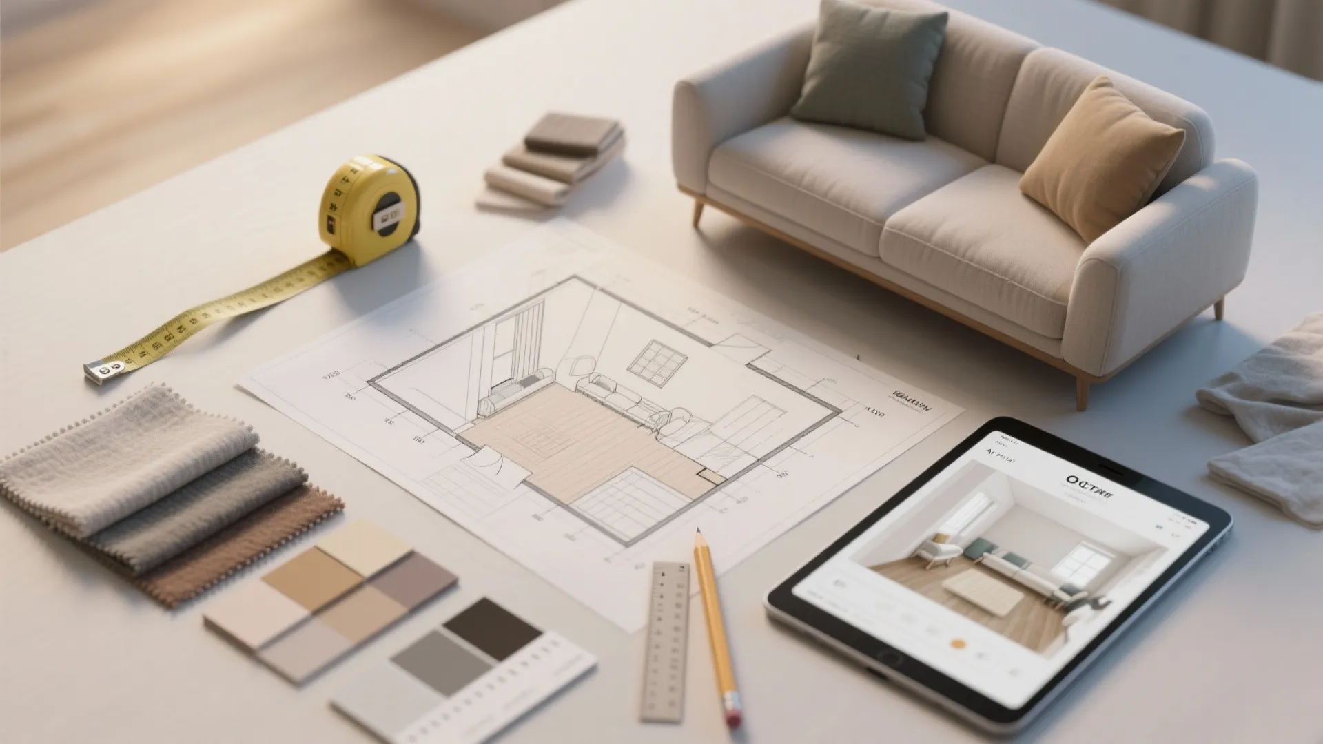 Interior design drawing with fabric samples and yellow measuring tape on a white work desk