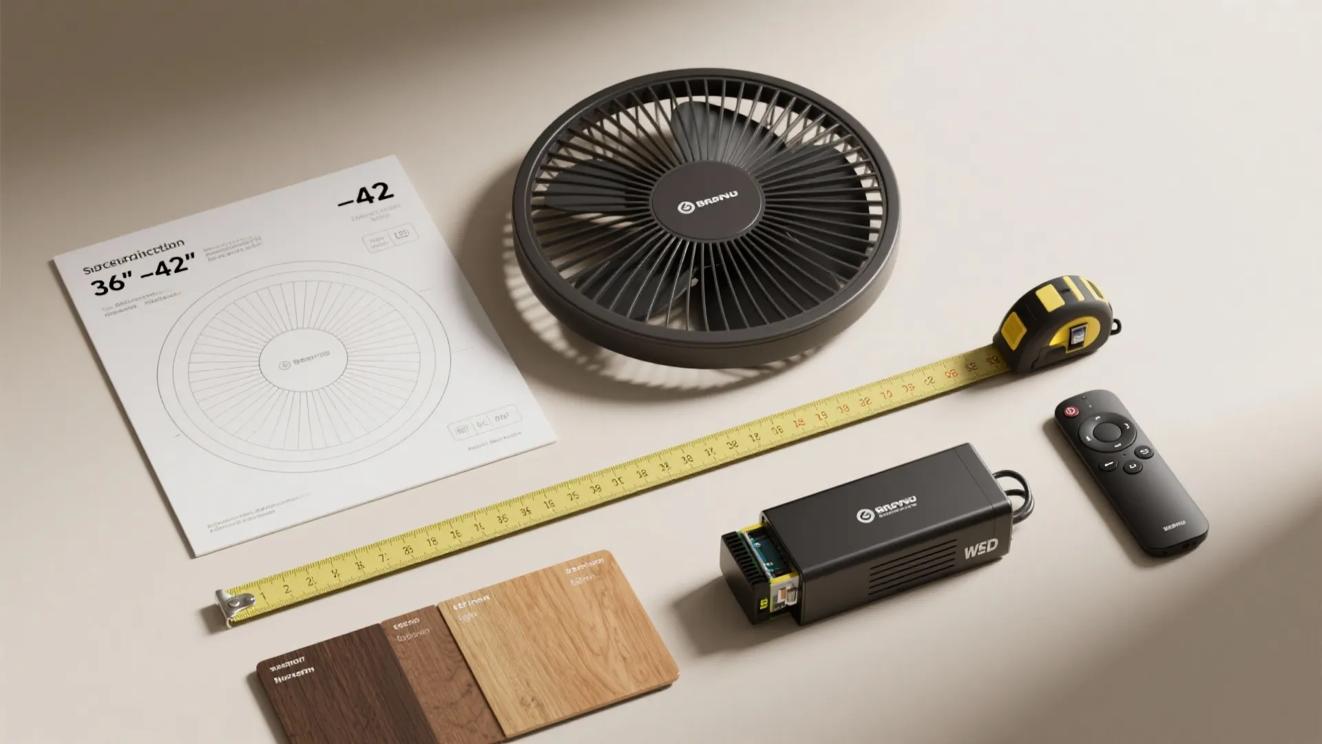 Ceiling fan components including black motor, remote control, yellow tape measure, and wood finish samples