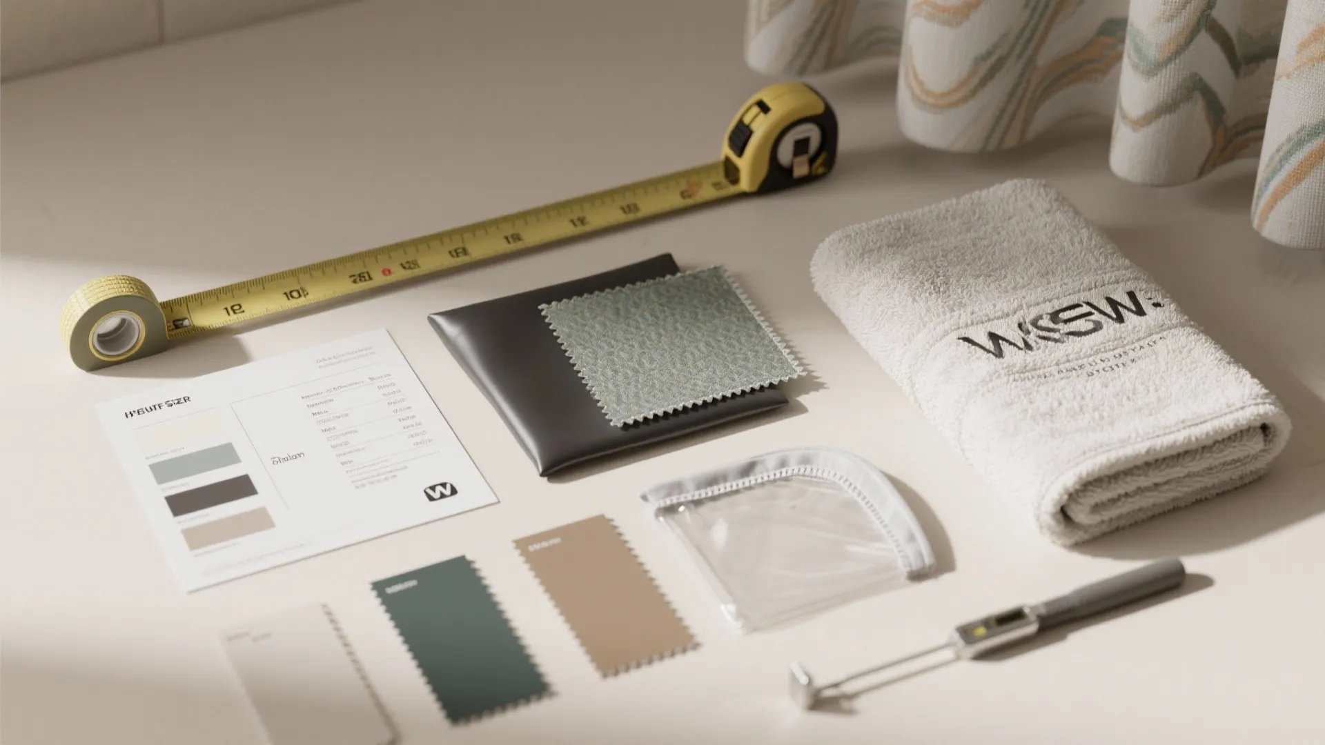 Yellow measuring tape and fabric samples with a color palette and towel on a surface