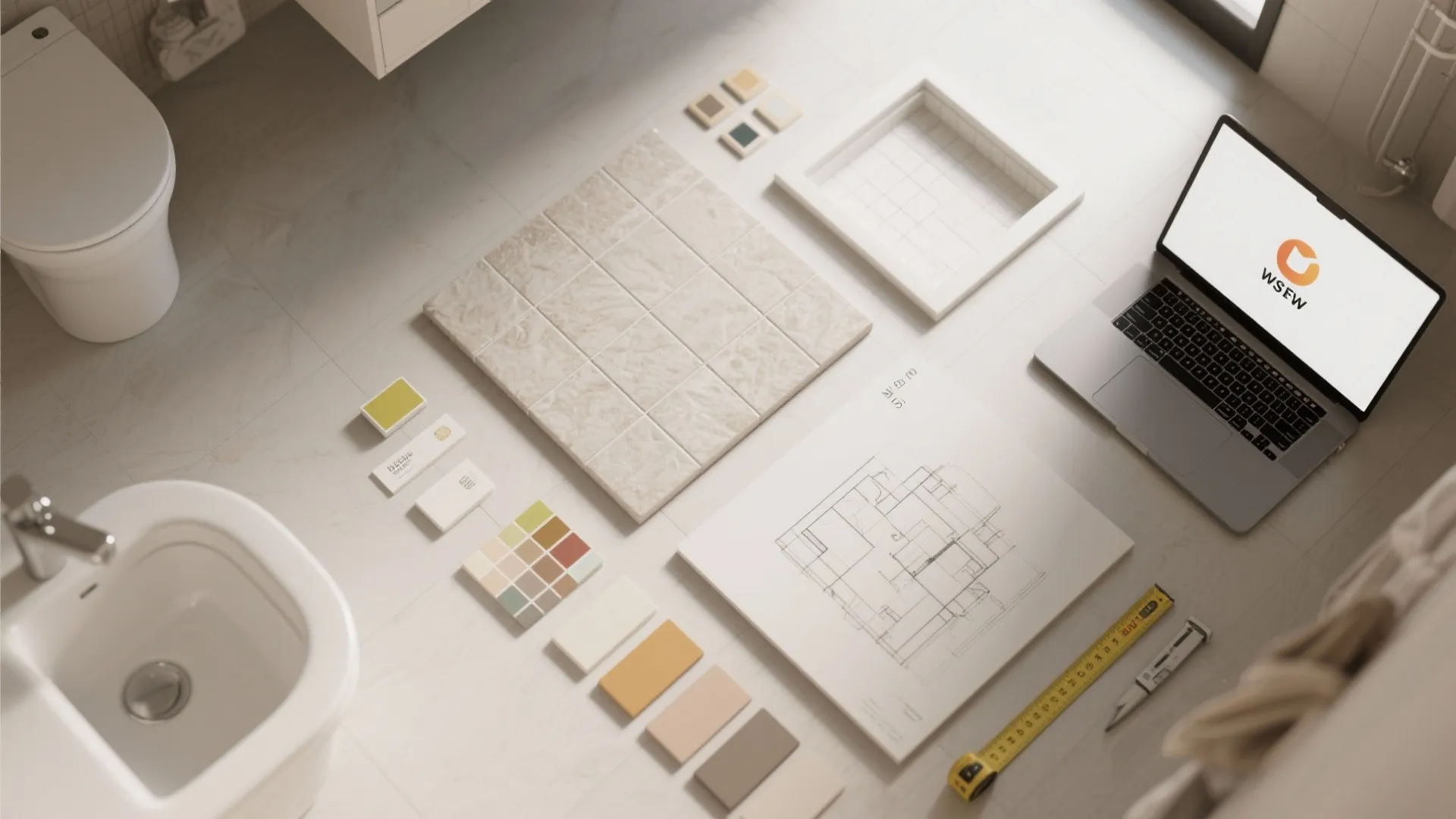 Bathroom interior design tools with floor plan drawing laptop tiles color samples and measuring tape