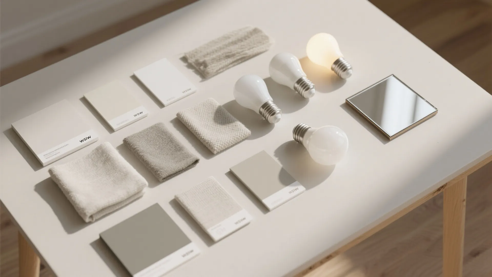 Interior design materials on table including fabric swatches paint cards light bulbs and small mirror piece