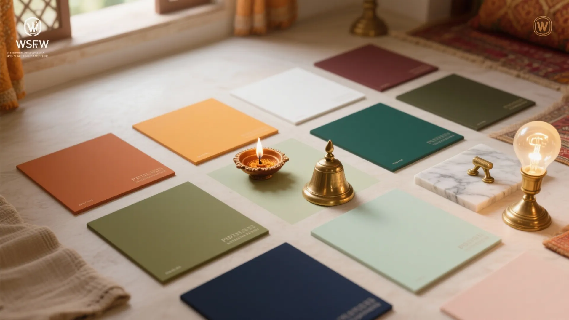 Colorful square material samples arranged on floor with a small candle bell and light fixture