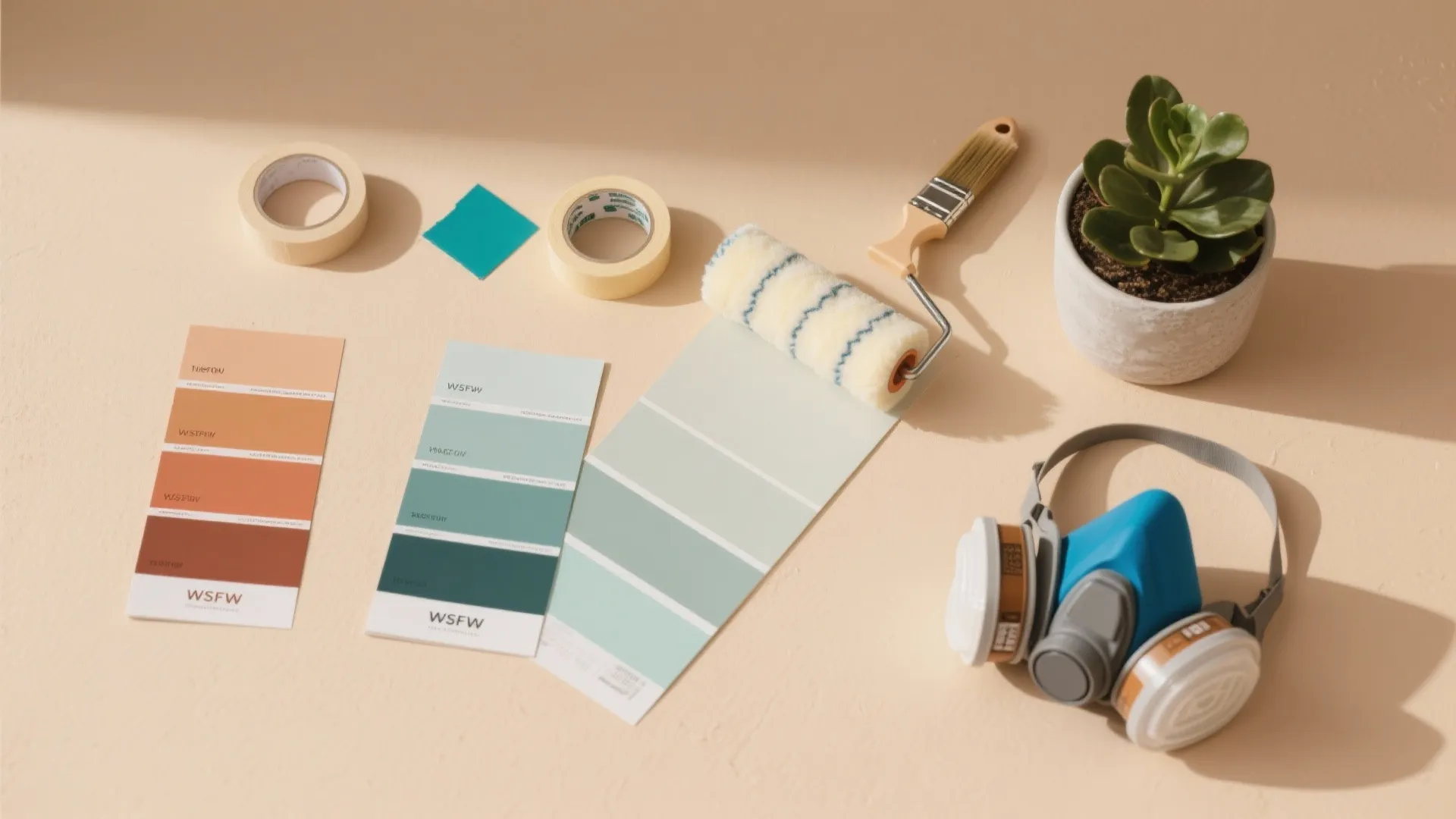 Interior painting tools with color samples paint roller masking tape brush small plant and safety mask