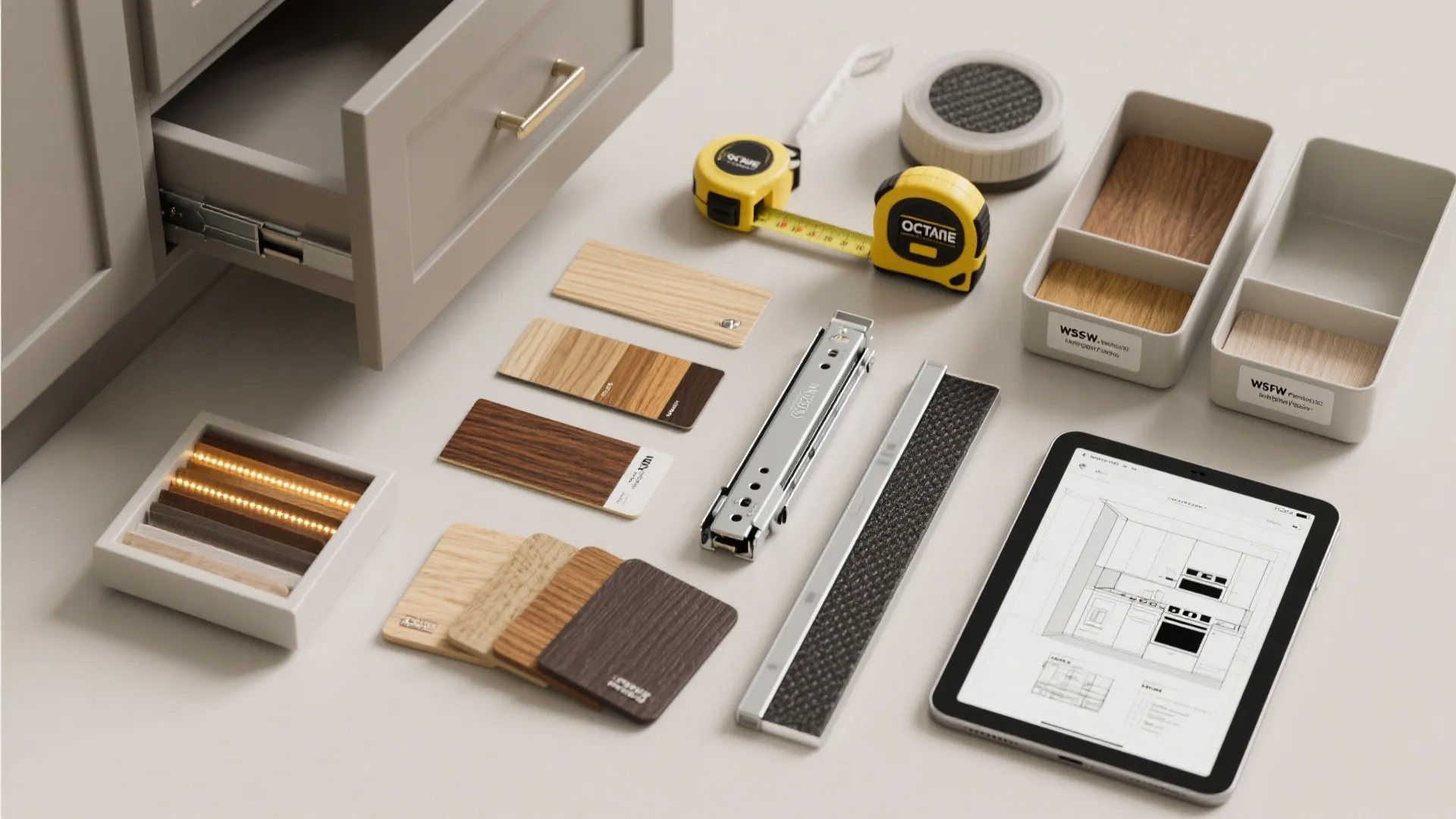 Tablet showing interior design drawing next to wood samples and yellow measuring tapes on desk