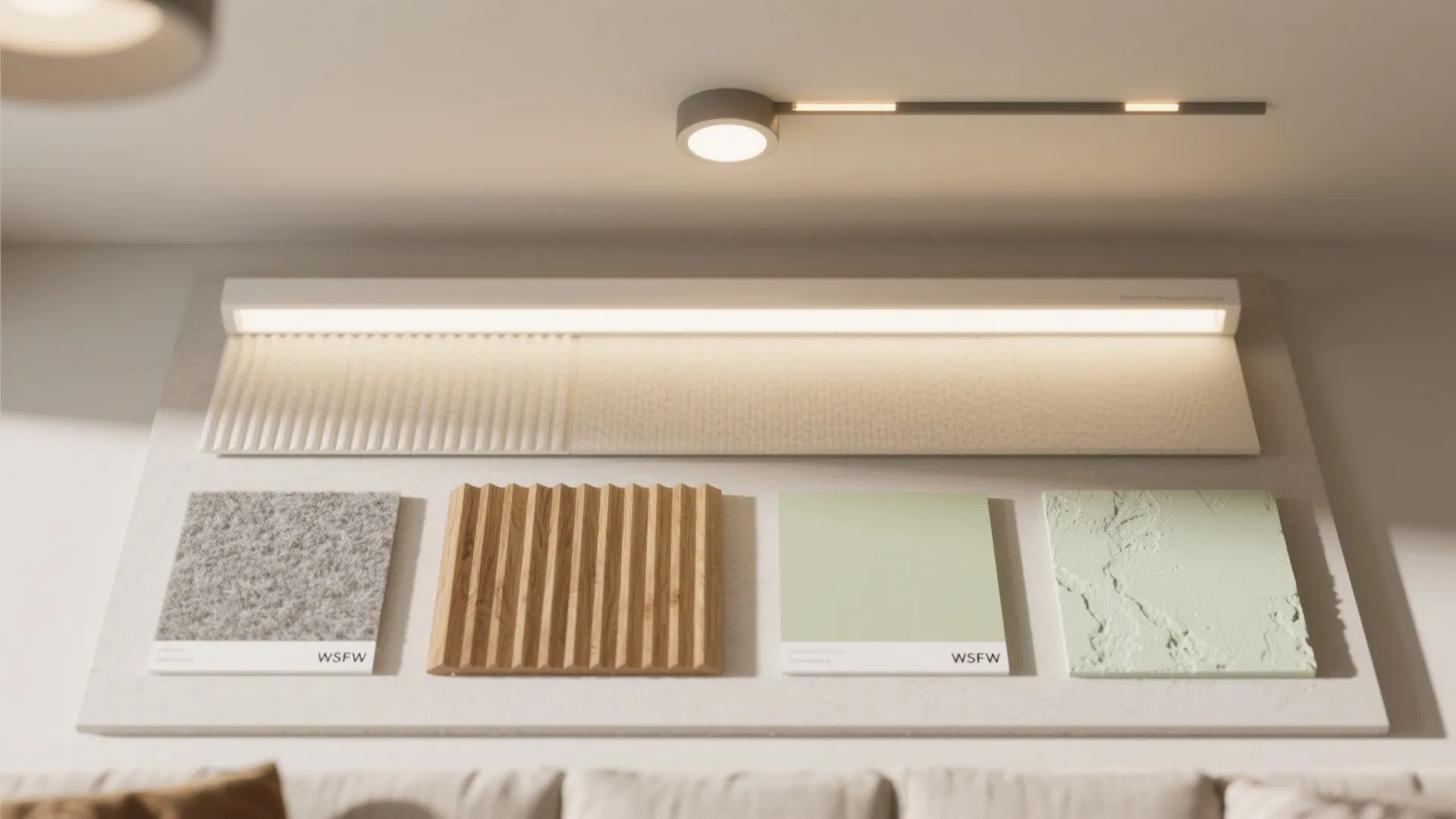 Interior design material board with wood samples and color swatches under a bright light fixture