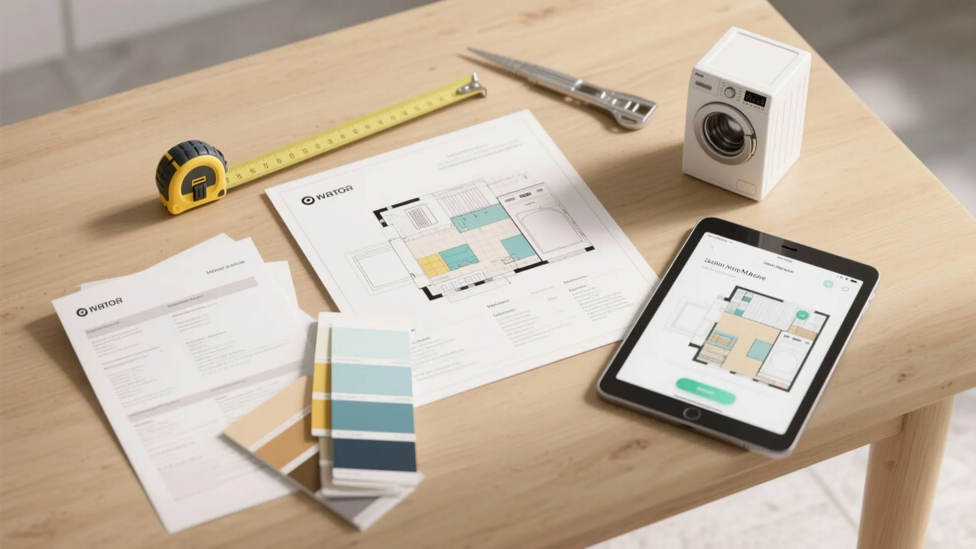 Wooden table with floor plan drawings tablet showing design color samples and yellow tape measure