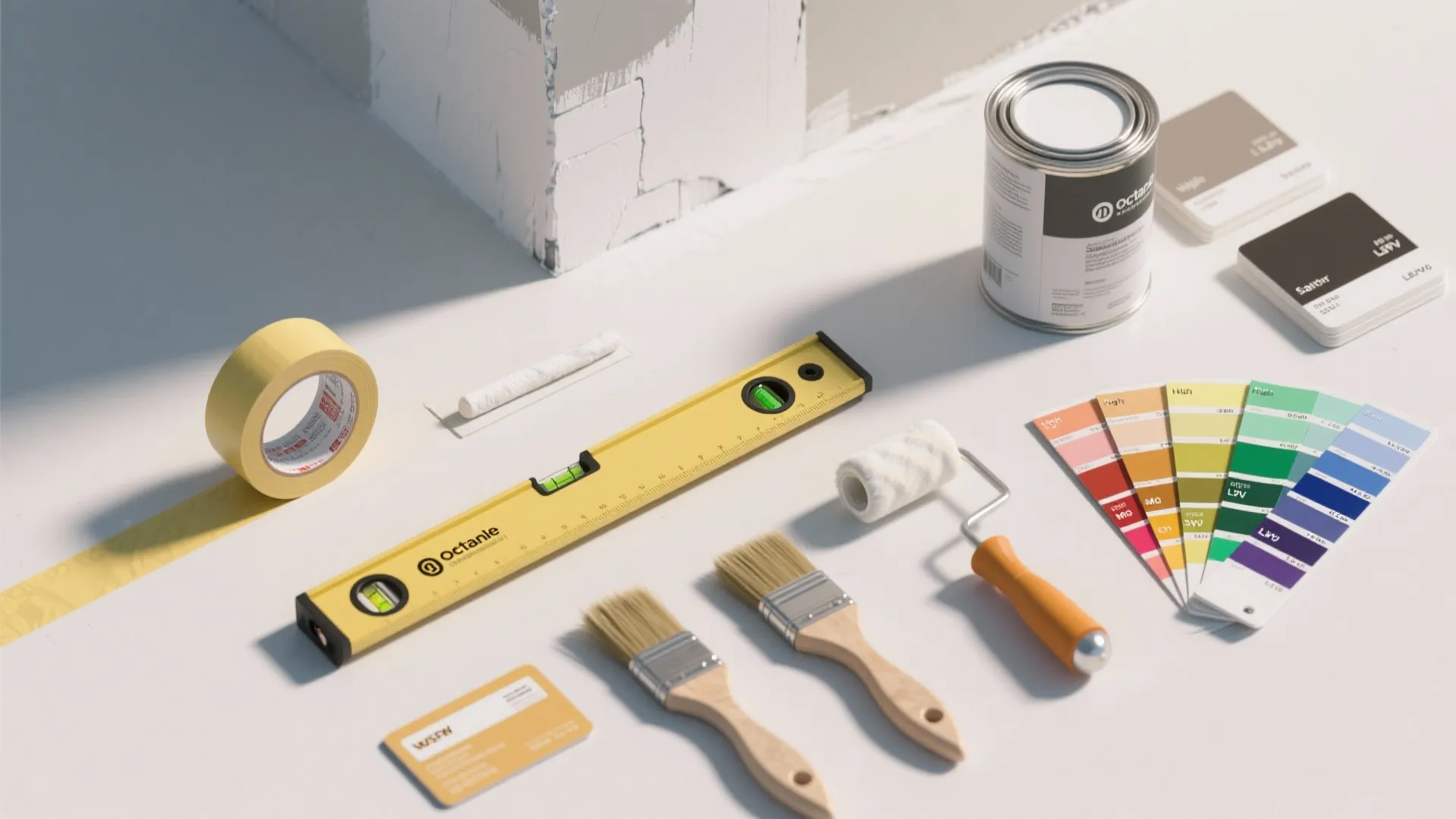 Painting tools including yellow level paint roller brushes tape and color swatches on white surface