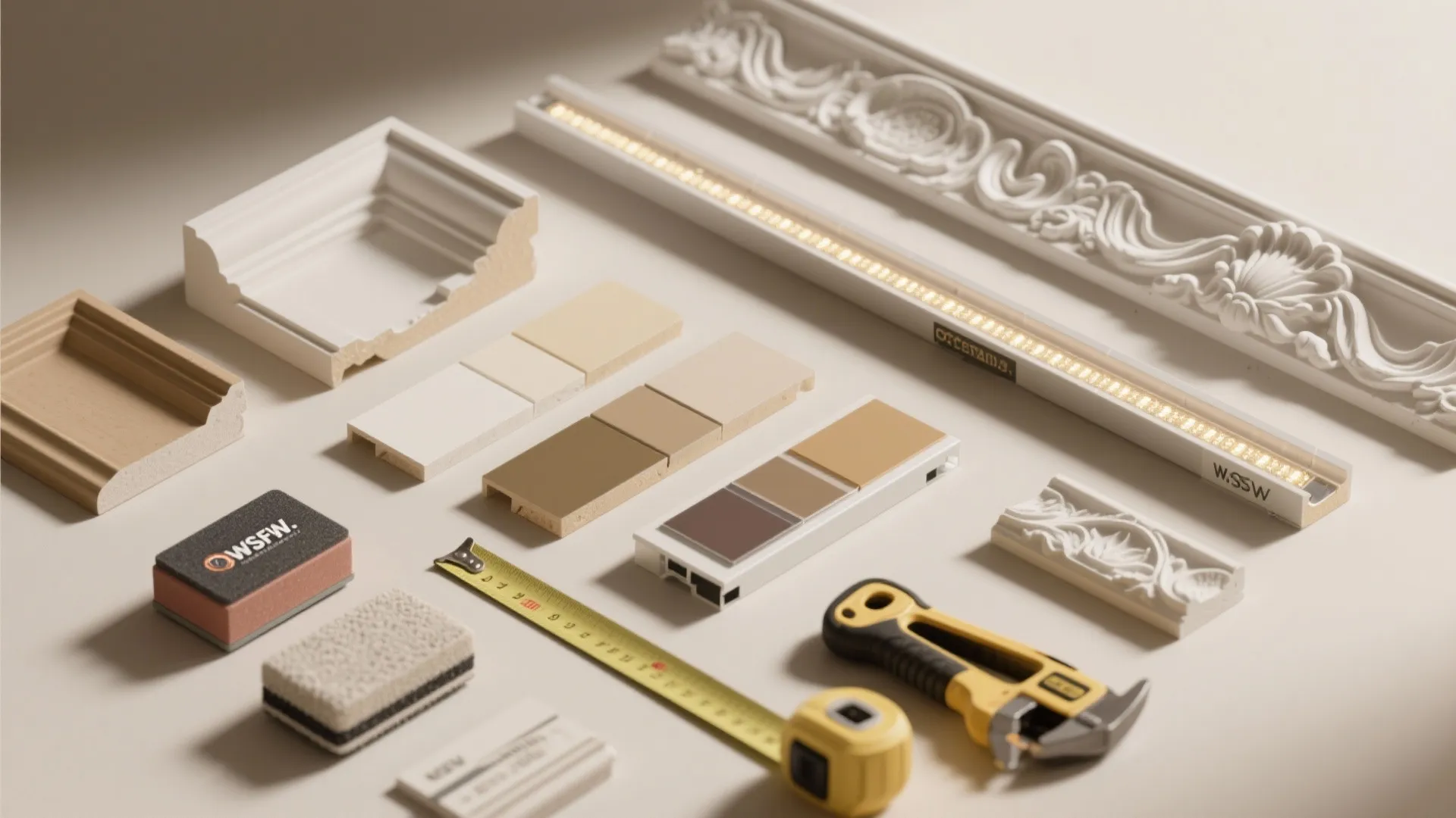 Interior design materials including wall panels tape measure and samples displayed on a white flat surface