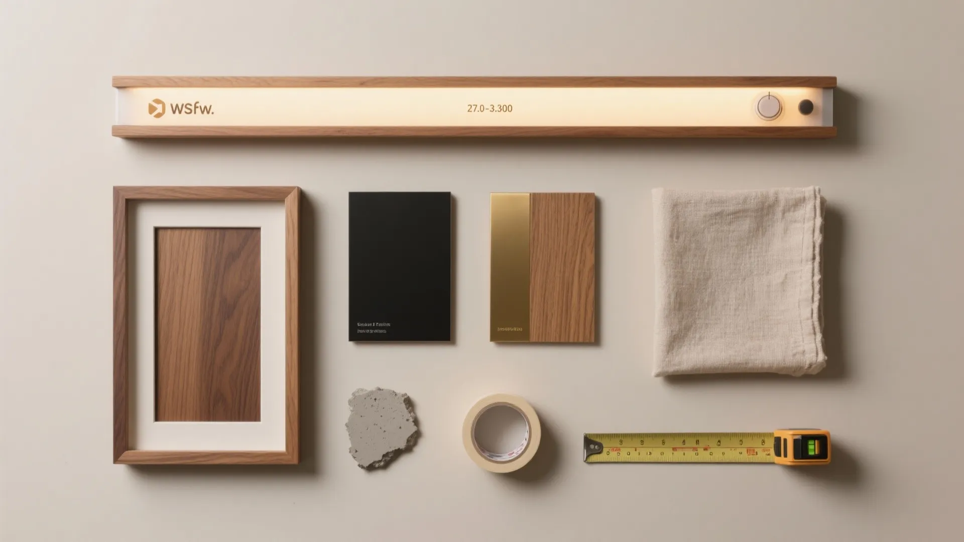 Top-down flat lay of LEDs, frame samples, wood, linen, microcement, and tools for a wall showcase.