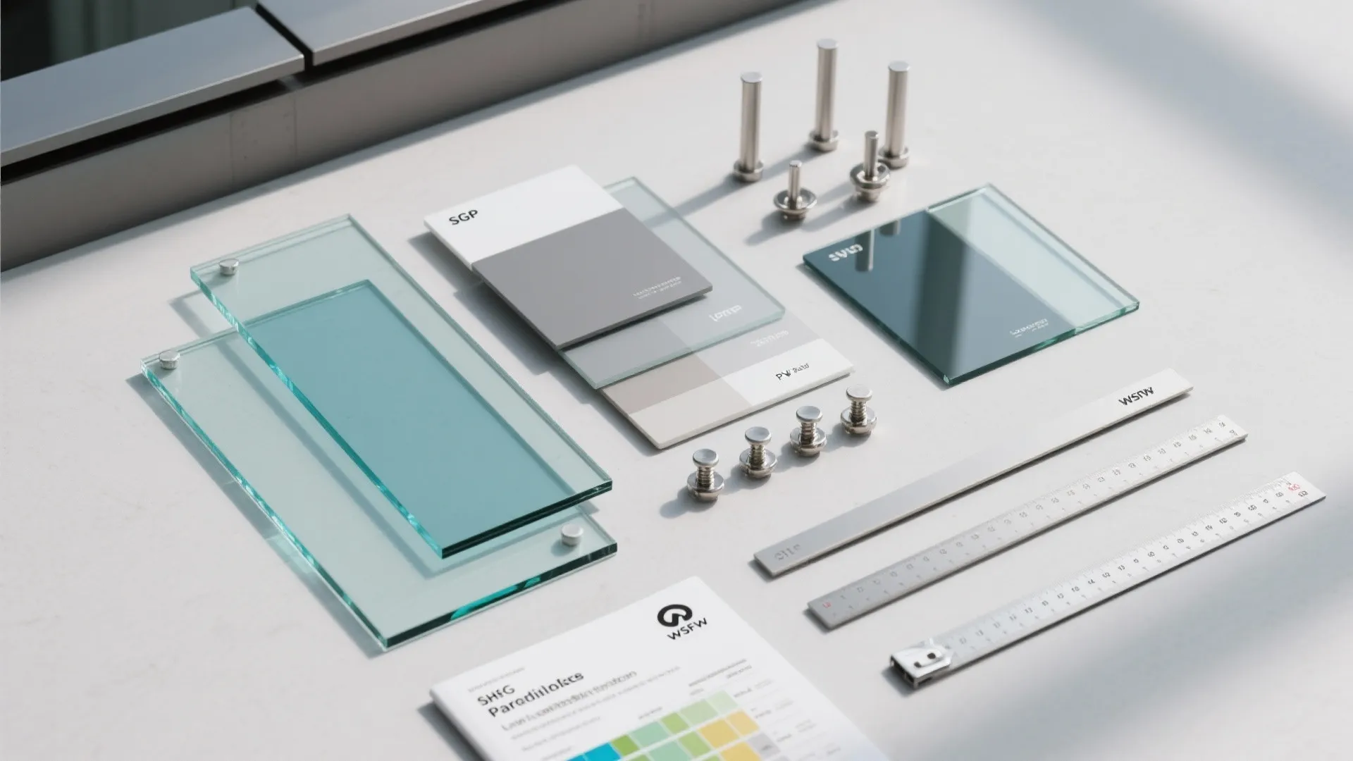 Top view of glass material samples metal screws rulers and design papers on white table