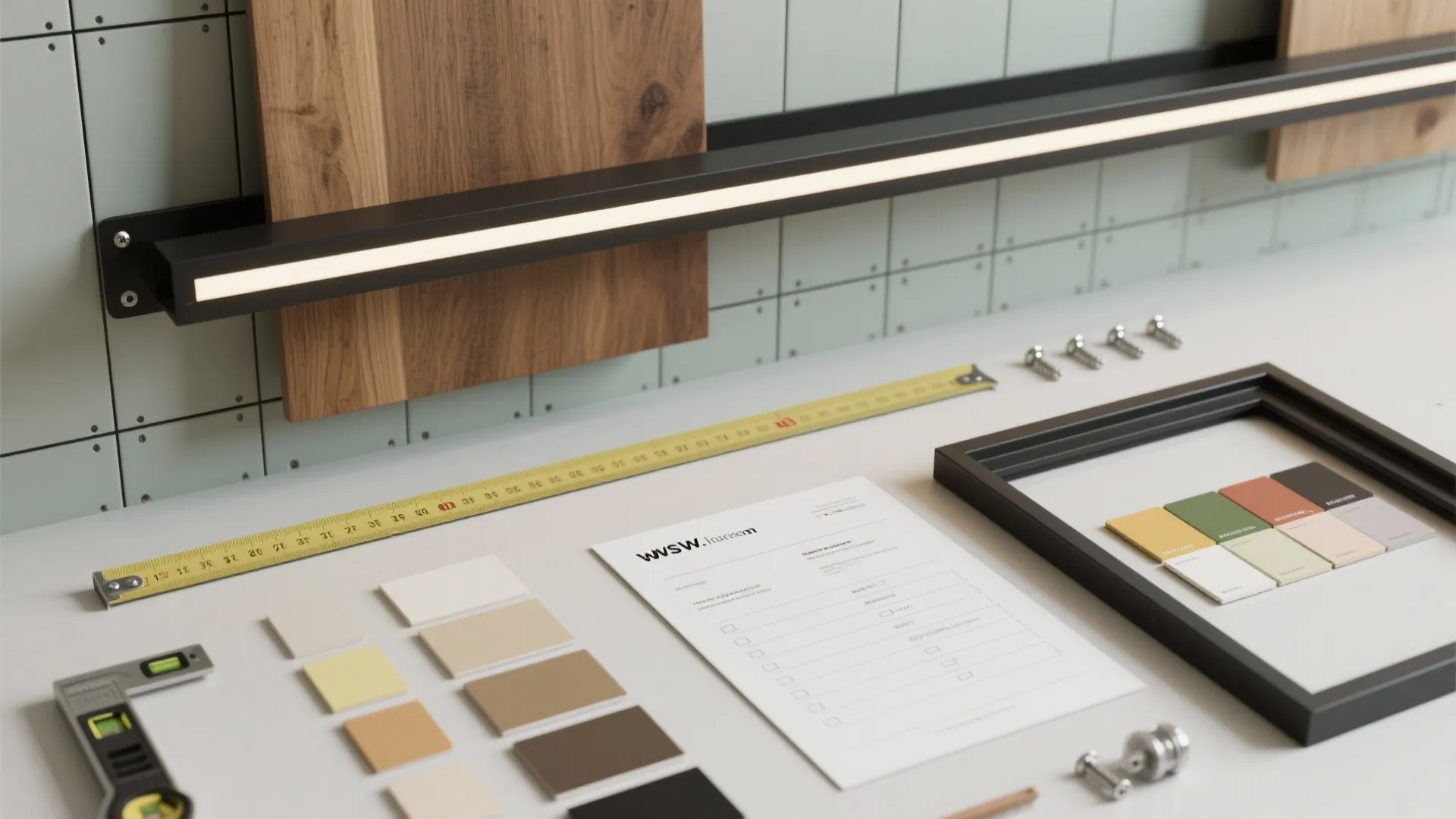 Top-down flatlay of shelf wall design tools and materials: oak sample, brackets, LED channel, level, tape, anchors, frames, swatches.