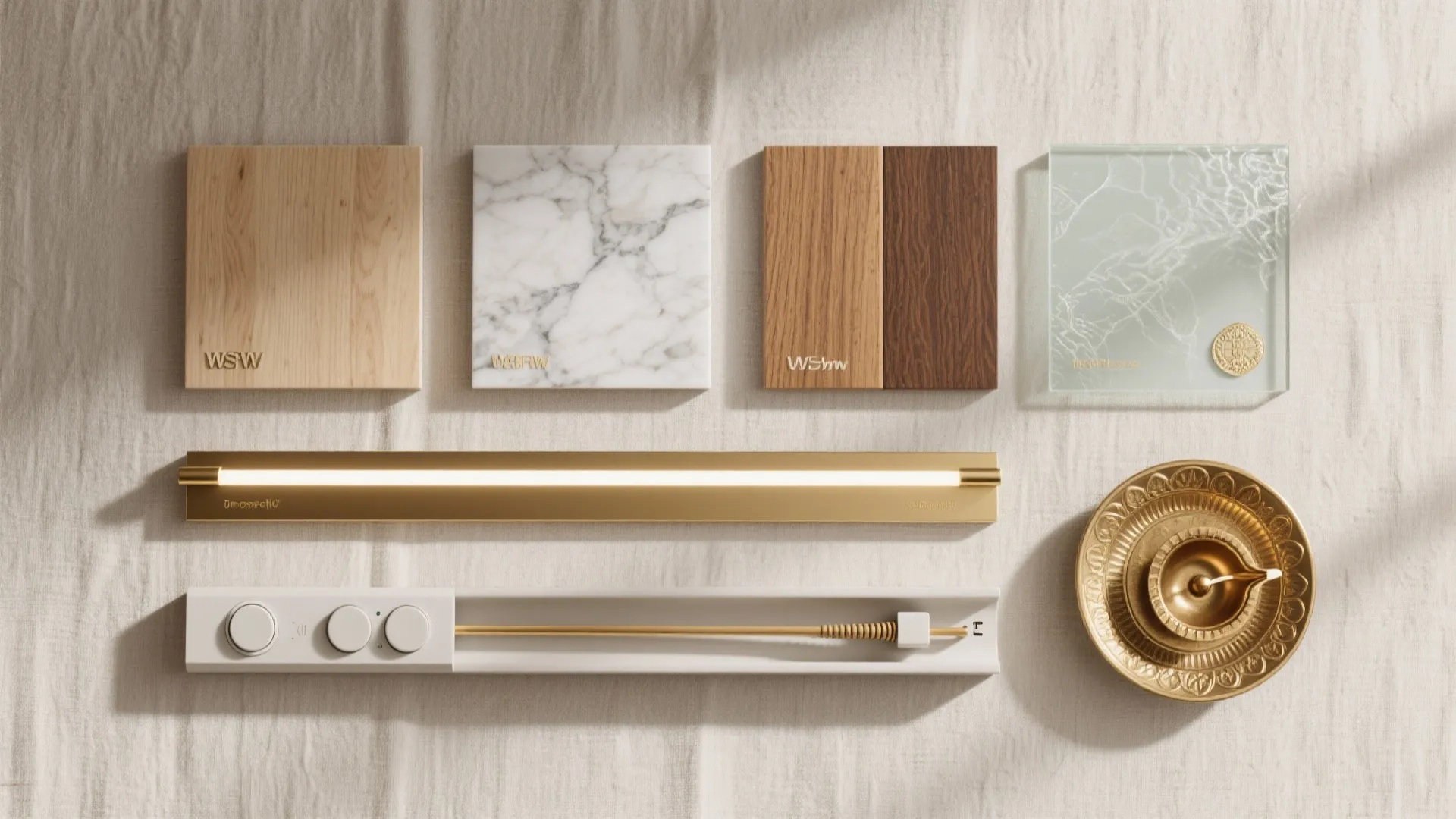 Flat lay showing wood samples marble tiles glass piece gold light fixture and white switch