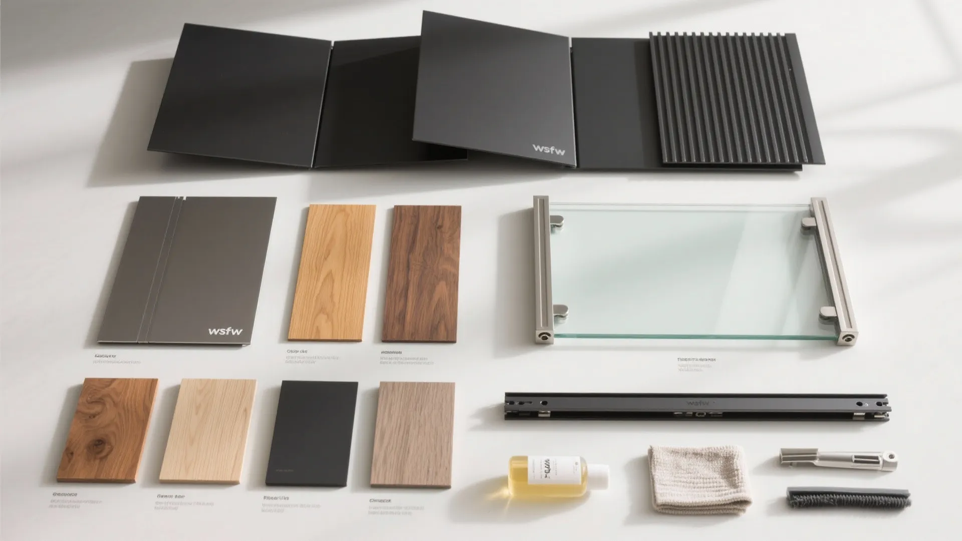 Interior design material samples including wood panels glass and metal pieces on a white surface