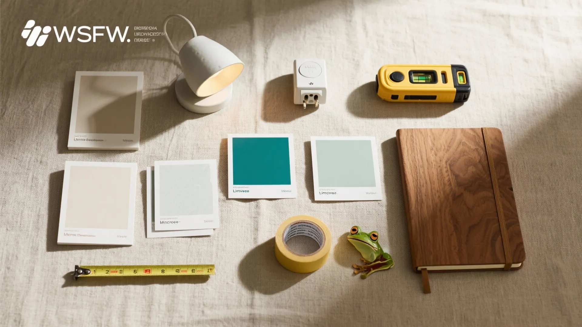 Top-down flatlay of big wall design planning: paint chips, limewash and microcement swatches, sconce, tape, and laser level.