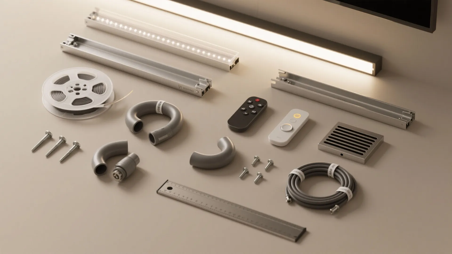 Modern lighting installation kit with light strips, remote controls, cables, screws, and a metal ruler