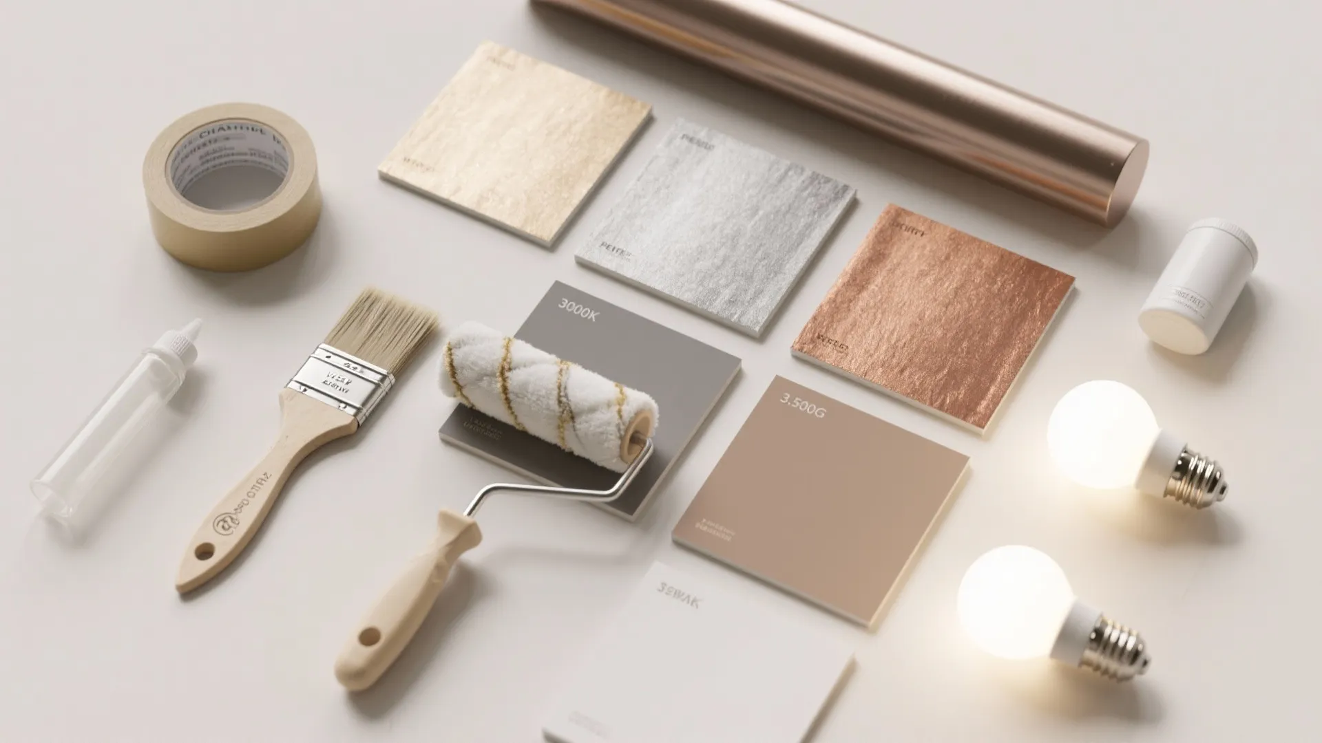 Home renovation tools and material samples including paint roller brushes tape light bulbs and metal sheets