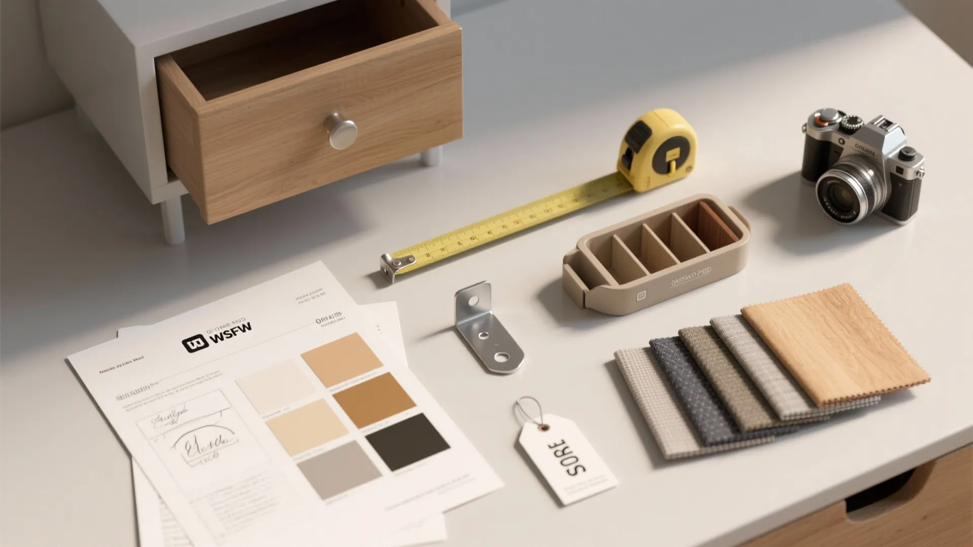 Interior design planning desk with color swatches fabric samples tape measure camera and small cabinet