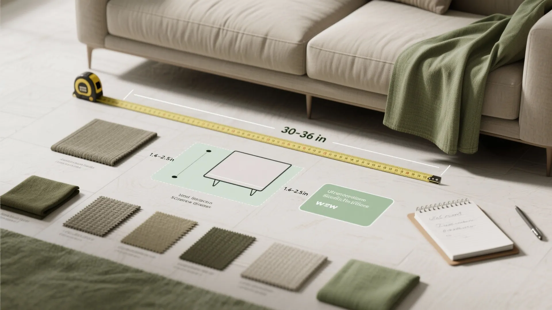 Measuring tape and fabric samples on floor next to a beige sofa for interior design planning