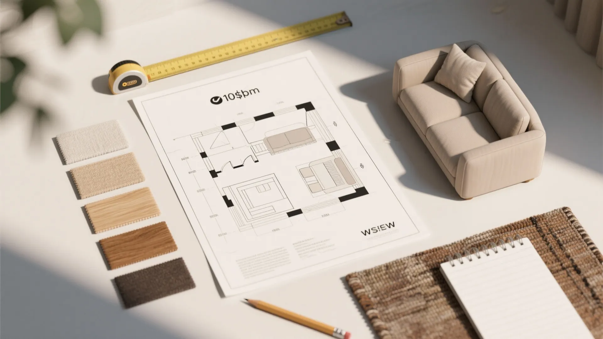 Interior design drawing with measuring tape material samples small sofa model notebook and a yellow pencil