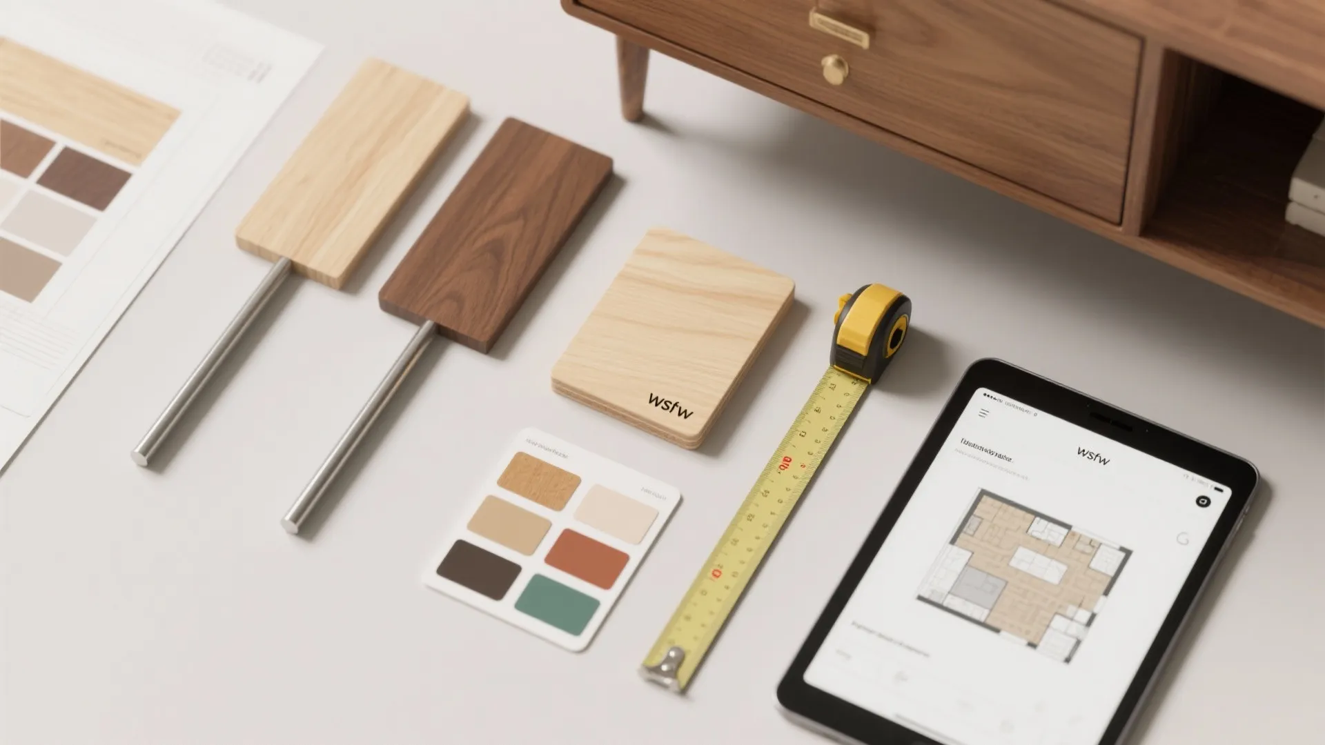 Interior design materials including wood samples color swatches measuring tape and tablet with floor plan
