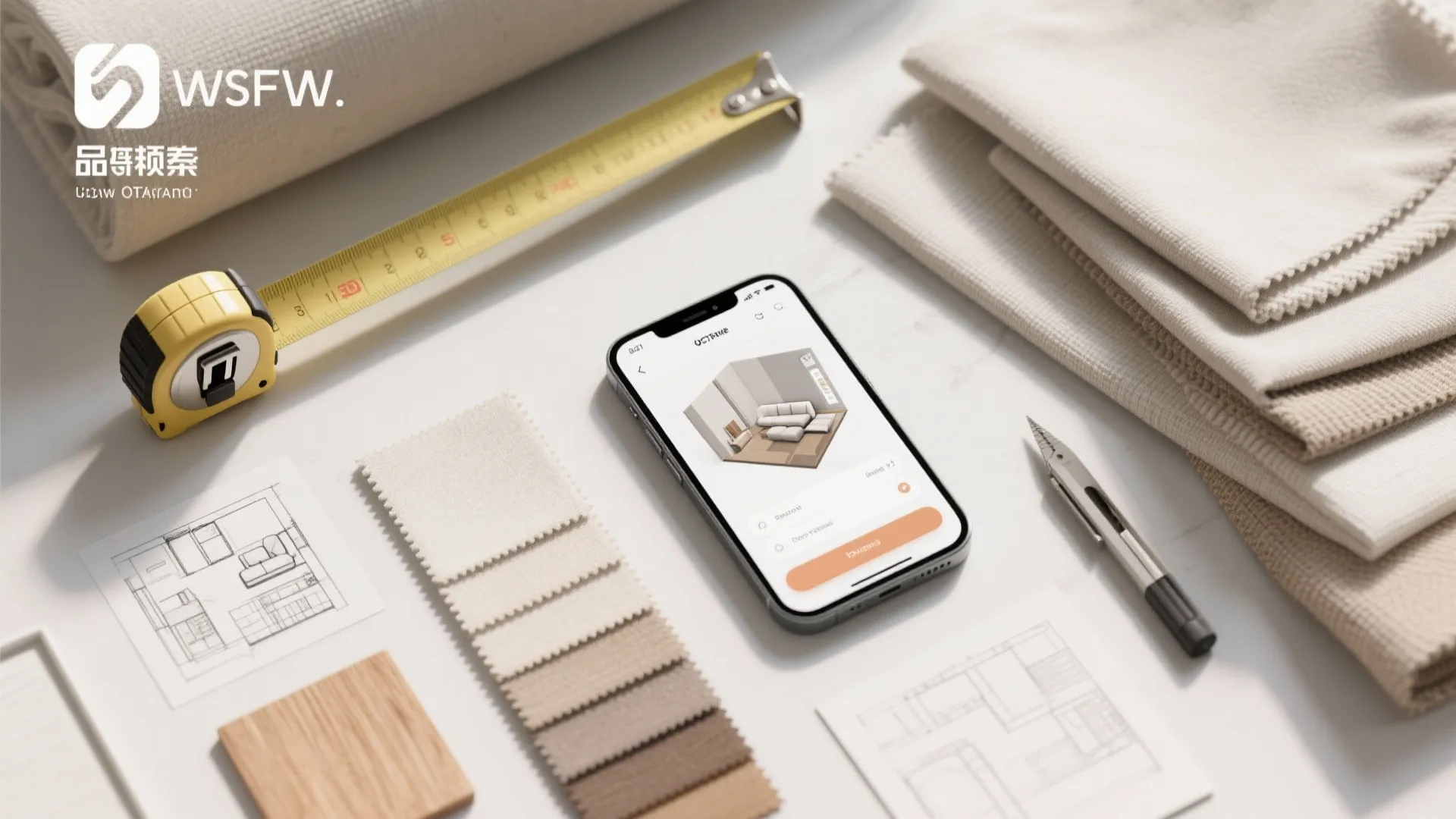 Flatlay of measuring tools, fabric swatches and a floorplan sketch for planning a sectional in a small living room.