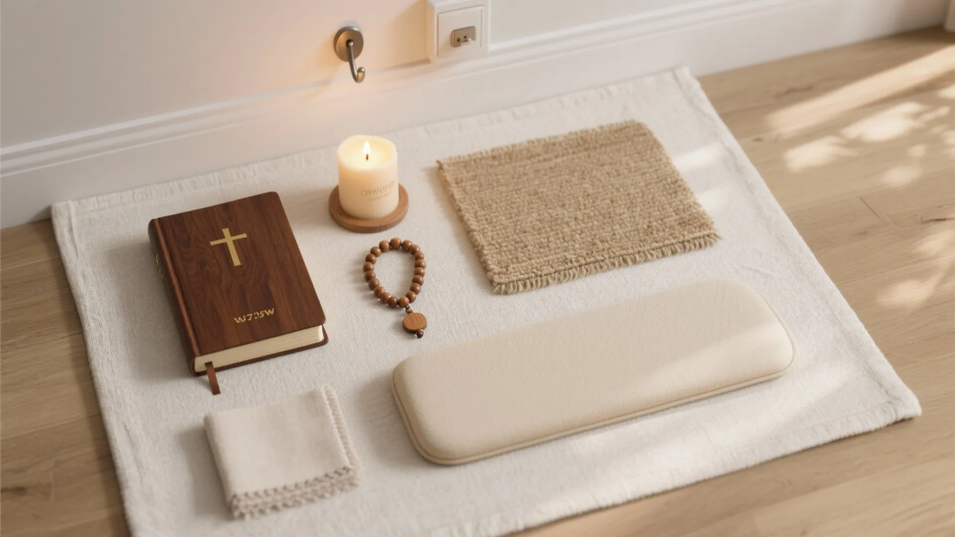 Religious flat lay featuring a wooden book, candle, beads, and cushion on a white rug