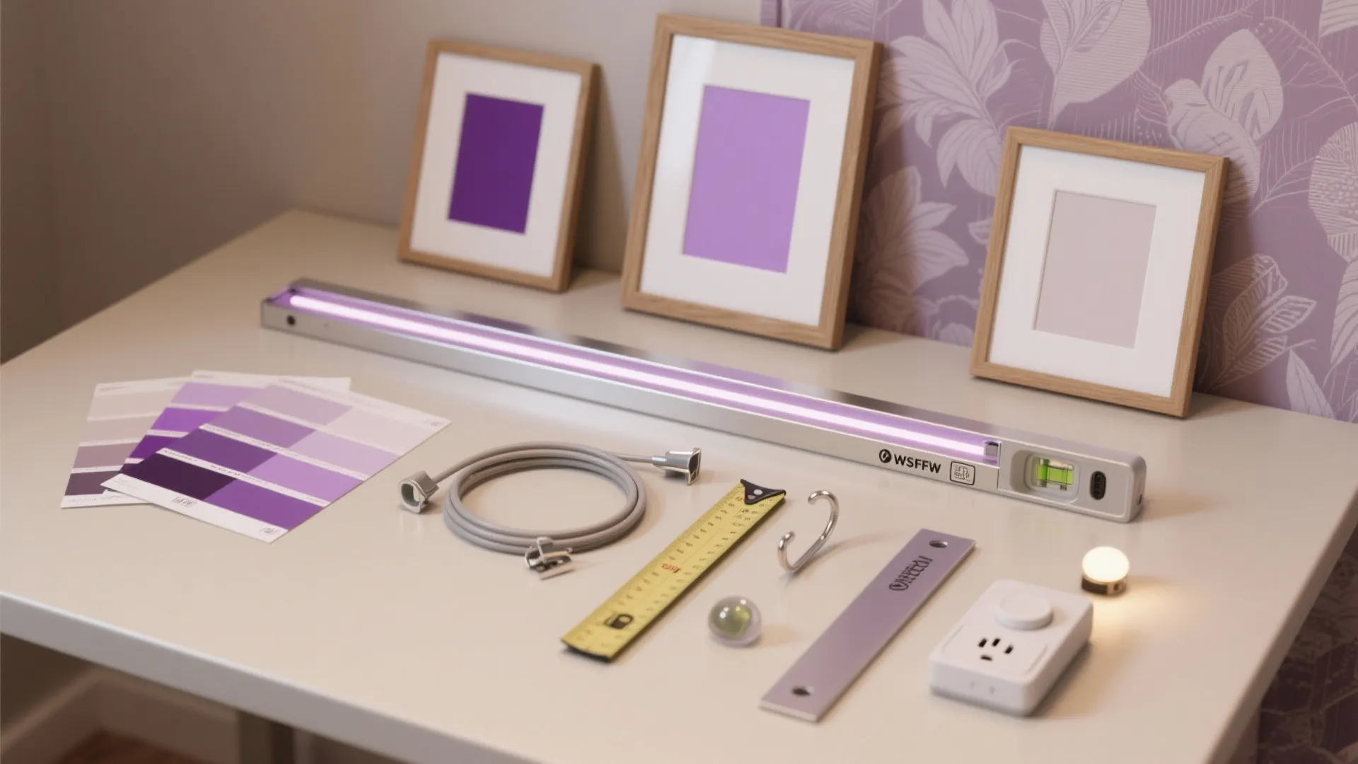 Flat-lay of frames, swatches, LED strip channels, cable clips, and renter-friendly hardware in purple and neutral tones