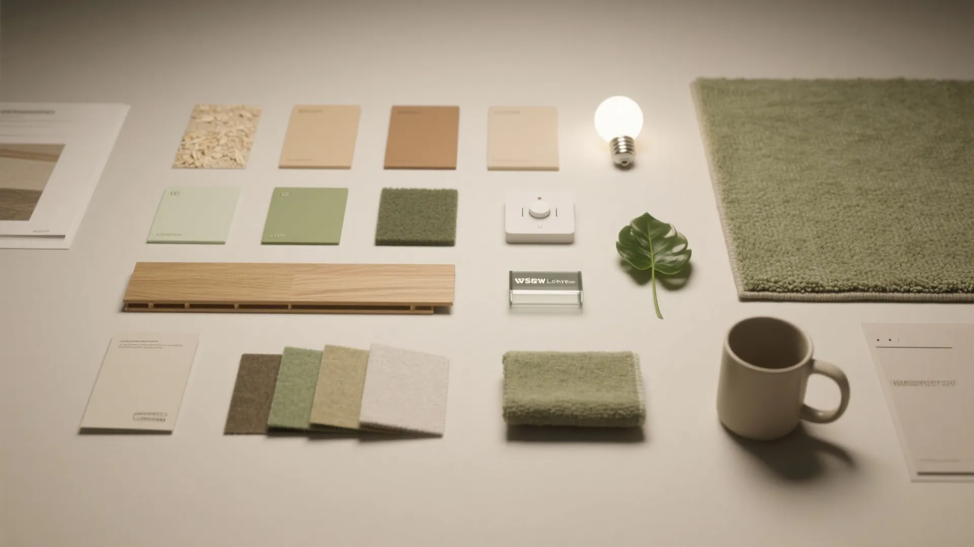 Flat lay of warm neutral and soft green swatches, LVT plank, felt acoustic panel, LED bulb, dimmer, fabric samples, and a plant leaf.