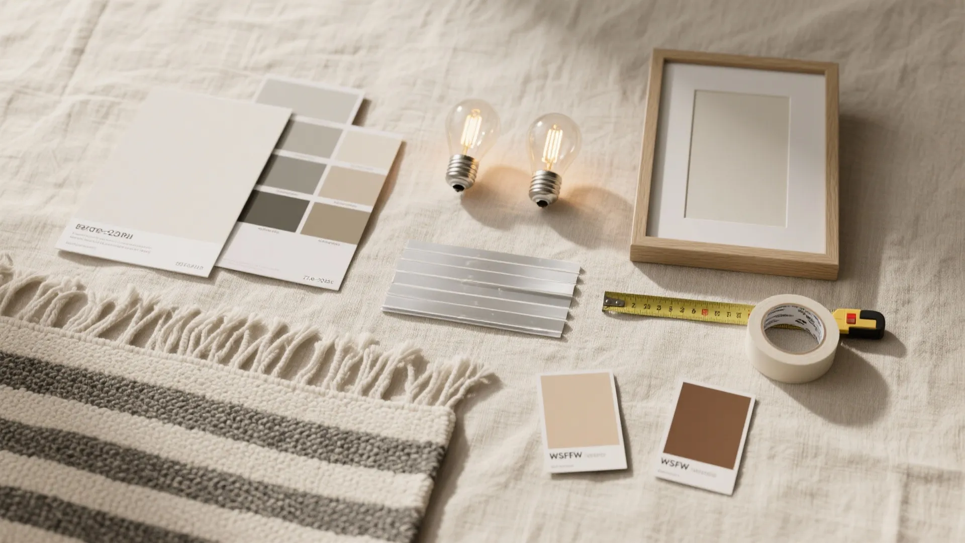 Flat lay of color palette samples light bulbs wooden frame measuring tape and striped woven rug