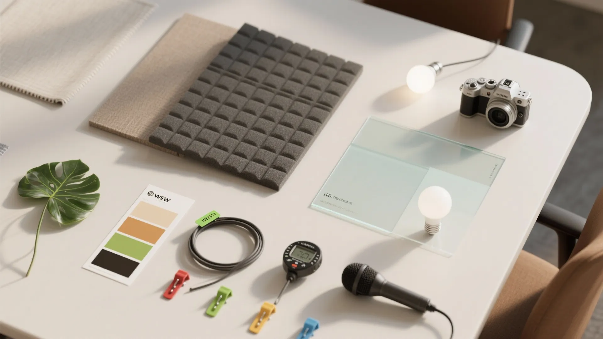 Interior design materials on white table with color samples light bulbs camera and small green leaf