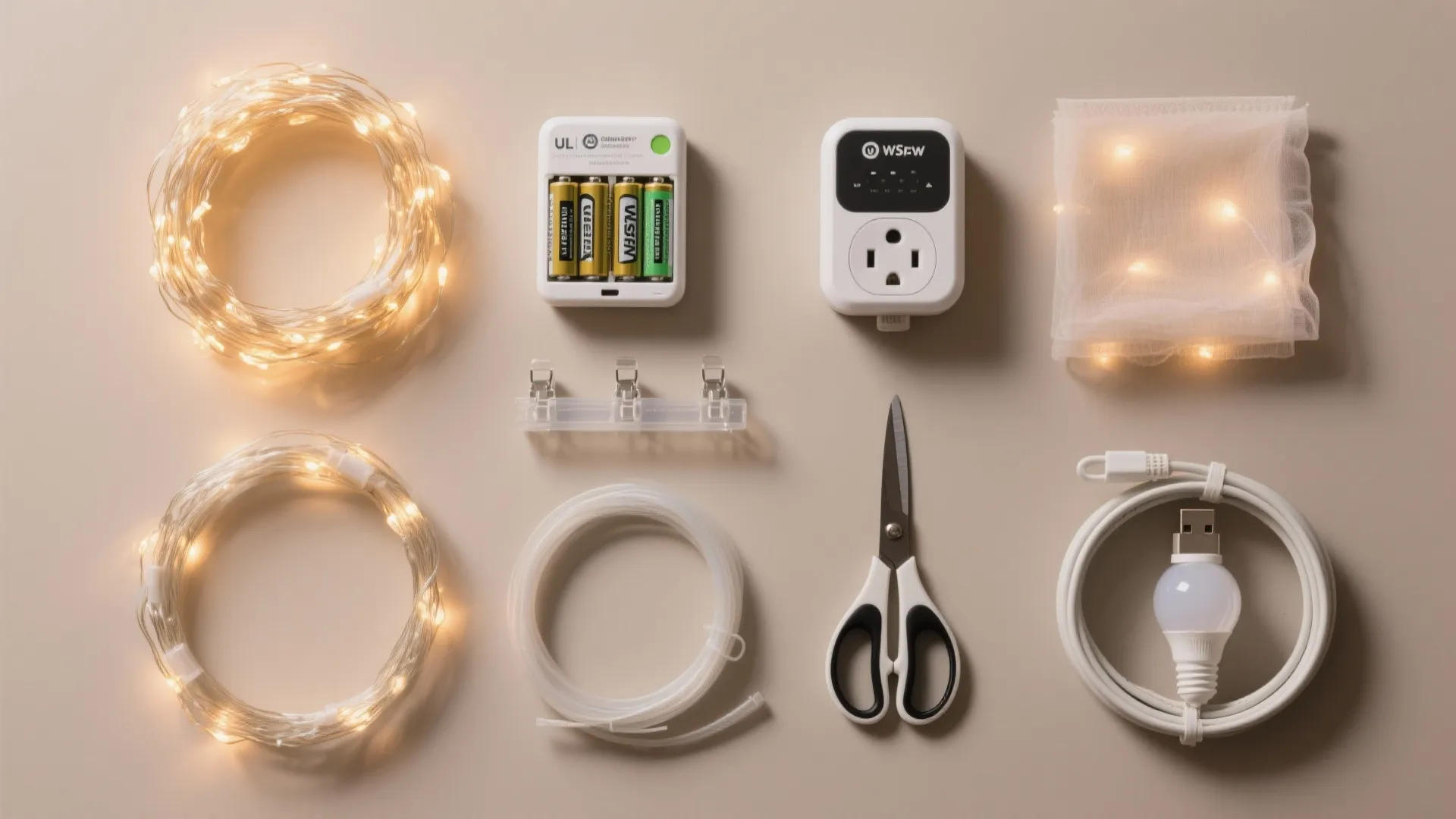 Flat lay of DIY lighting tools including string lights, batteries, scissors, power adapter, and cord