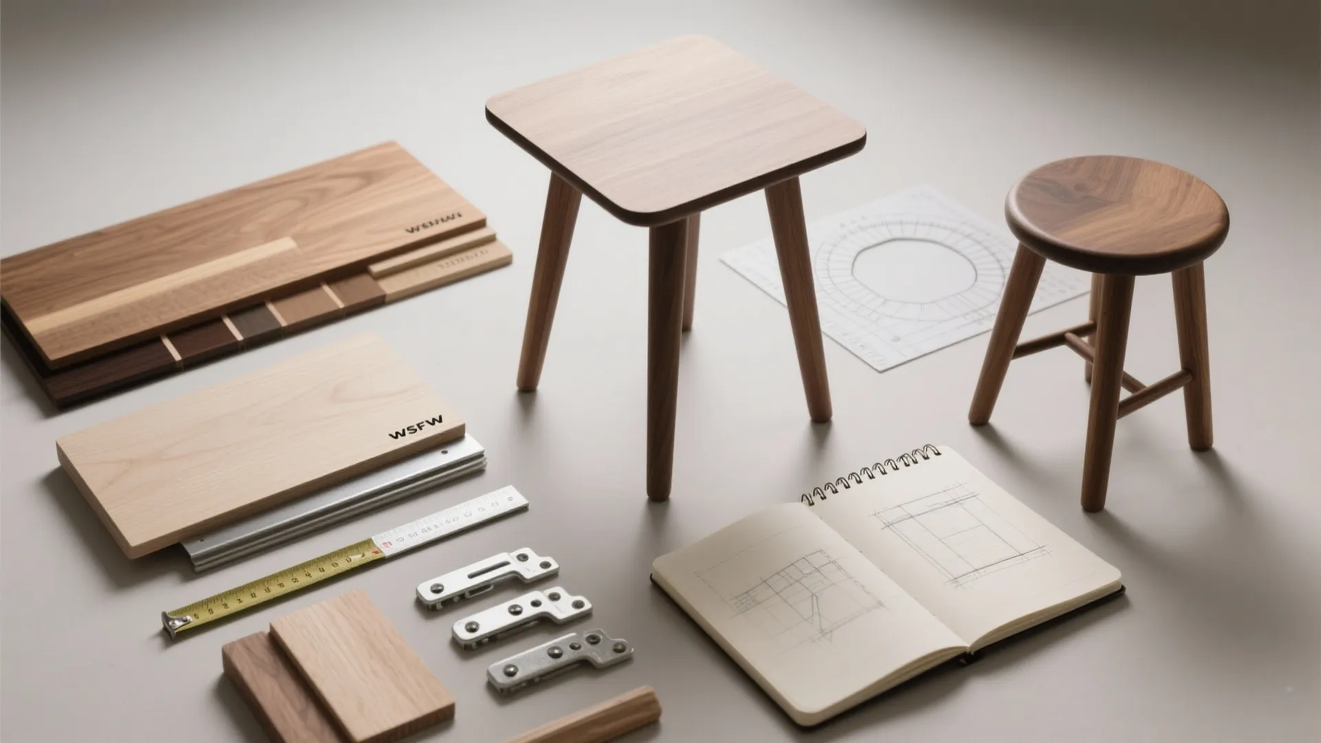 Top-down flatlay of wood swatches, leg samples, measuring tape and hardware for planning a counter-height table.